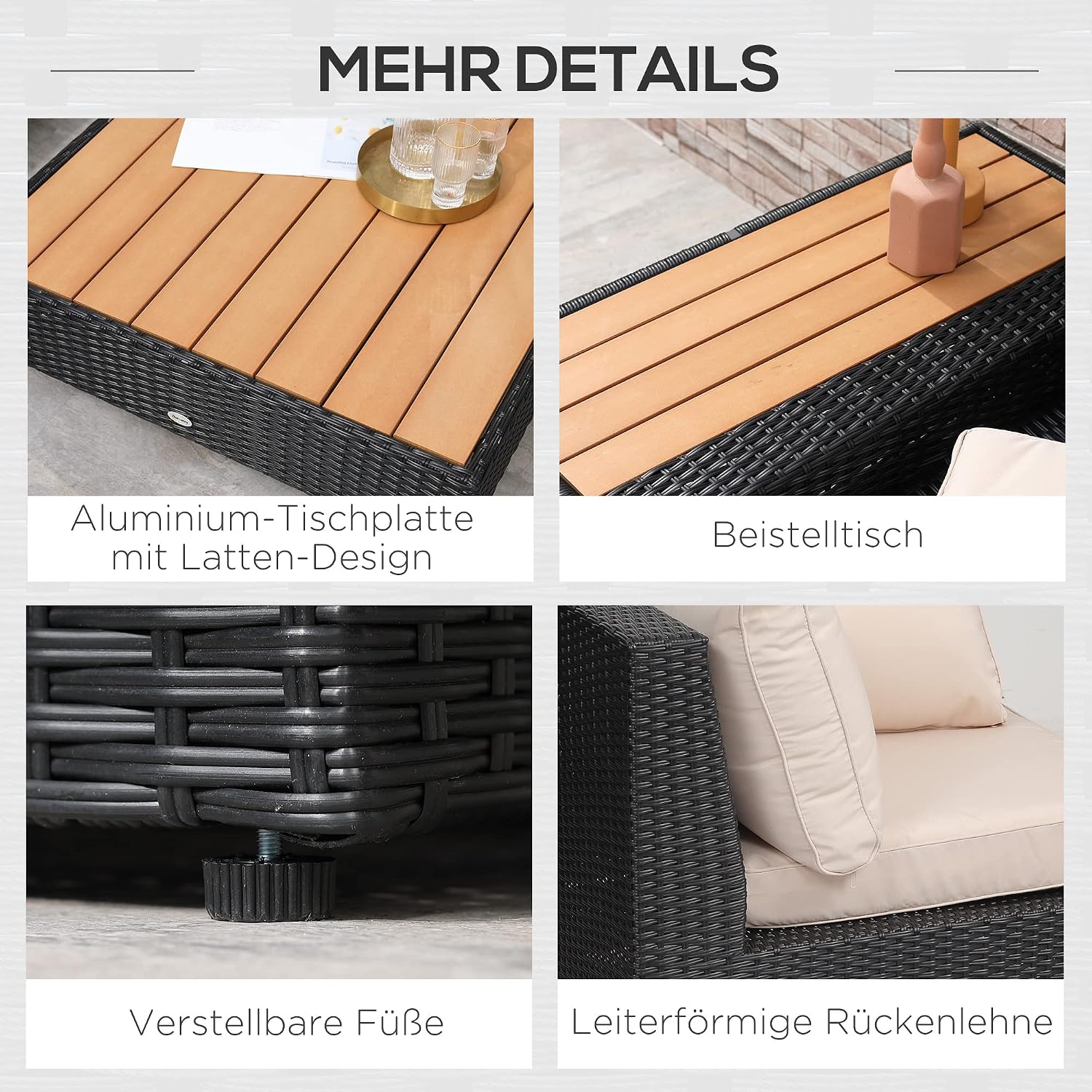 Outsunny 4-TLG. Luxus Polyrattan Gartengarnitur Gartenmöbel Garten-Set Sitzgruppe Loungeset Loungemöbel inkl. Ablagen und Beistelltisch Sitzkissen Schwarz — Ansicht 5
