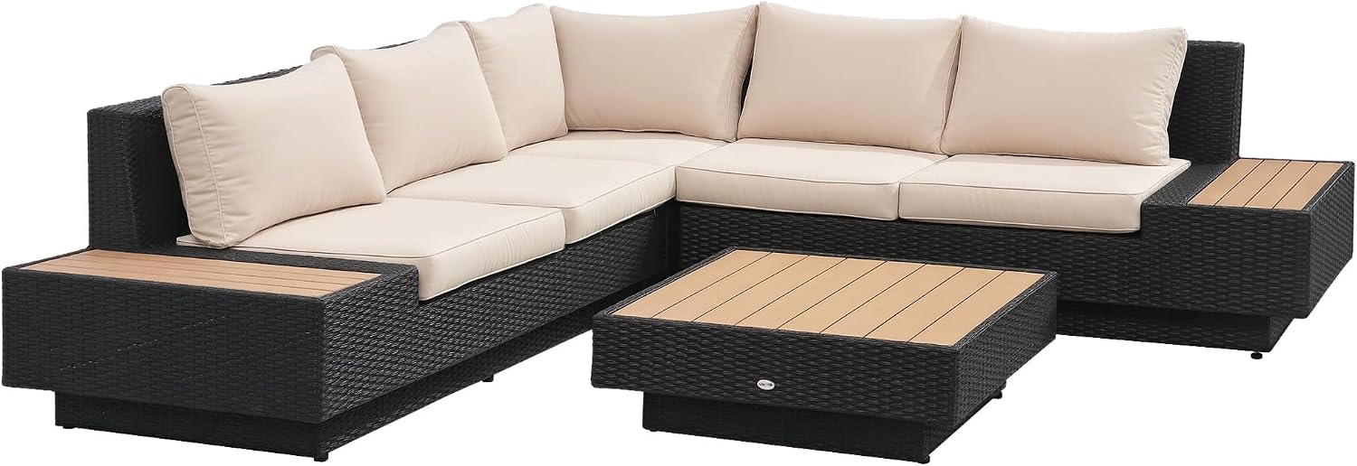 Outsunny 4-TLG. Luxus Polyrattan Gartengarnitur Gartenmöbel Garten-Set Sitzgruppe Loungeset Loungemöbel inkl. Ablagen und Beistelltisch Sitzkissen Schwarz