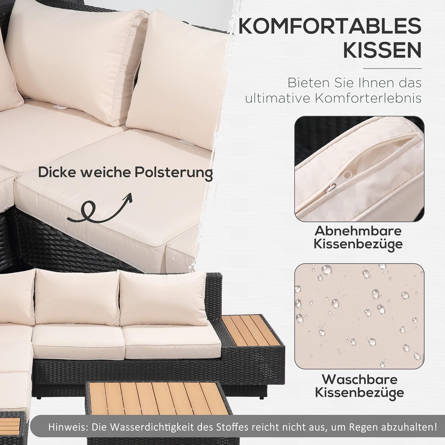 Outsunny 4-TLG. Luxus Polyrattan Gartengarnitur Gartenmöbel Garten-Set Sitzgruppe Loungeset Loungemöbel inkl. Ablagen und Beistelltisch Sitzkissen Schwarz — Ansicht 6