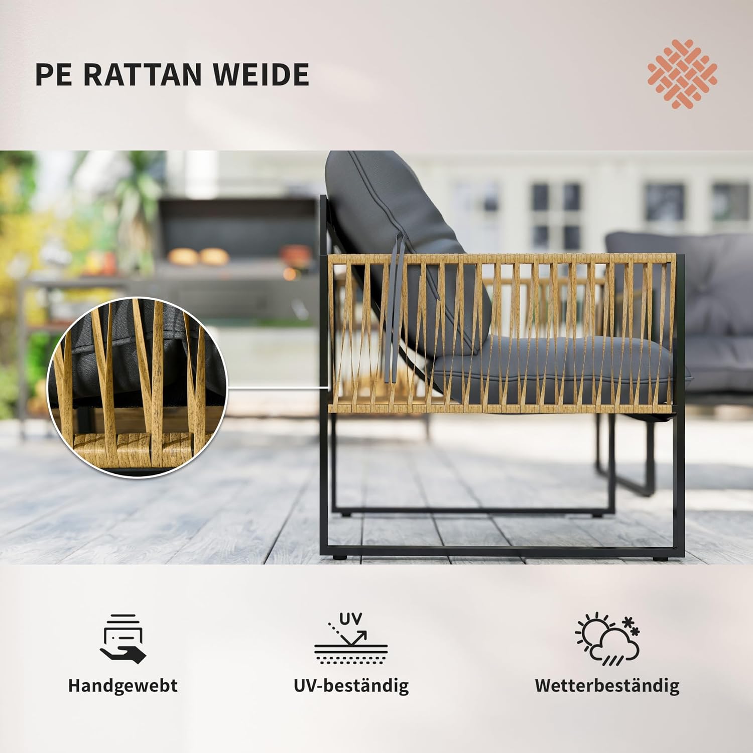 Outsunny 4 TLG. Rattan Gartenmöbel-Set, Sitzgruppe mit Kissen, Gartengarnitur mit 1 Couchtisch aus Glas, 2 Sesseln, 1 Doppelsofa, Sitzgarnitur für Garten, Terrasse, Stahl, Braun — Ansicht 3