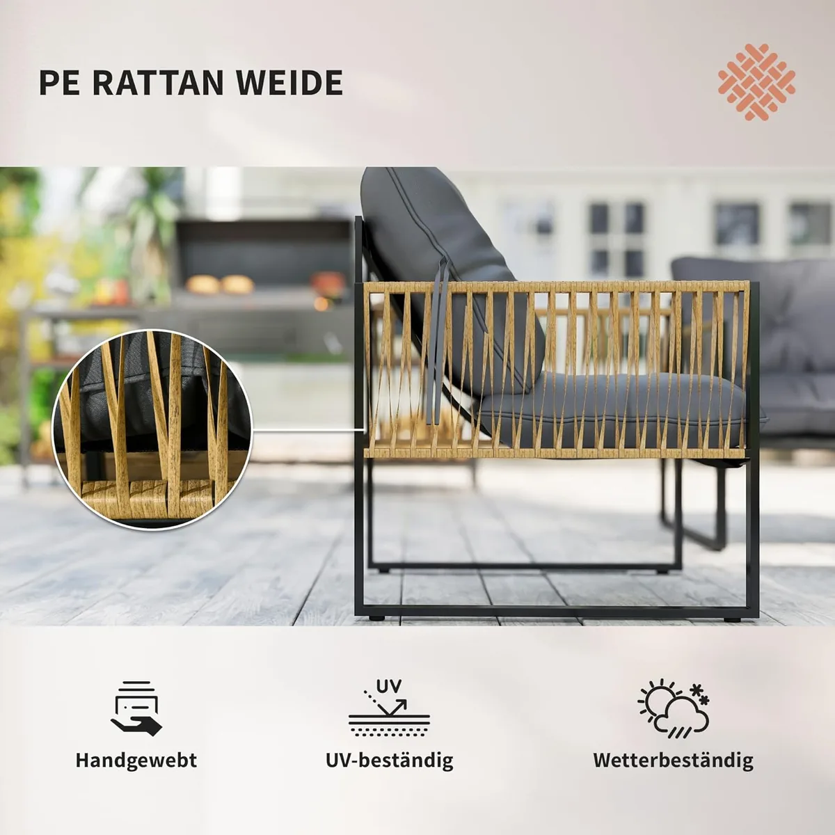 4 TLG. Rattan Gartenmöbel-Set, Sitzgruppe mit Kissen… — Ansicht 3