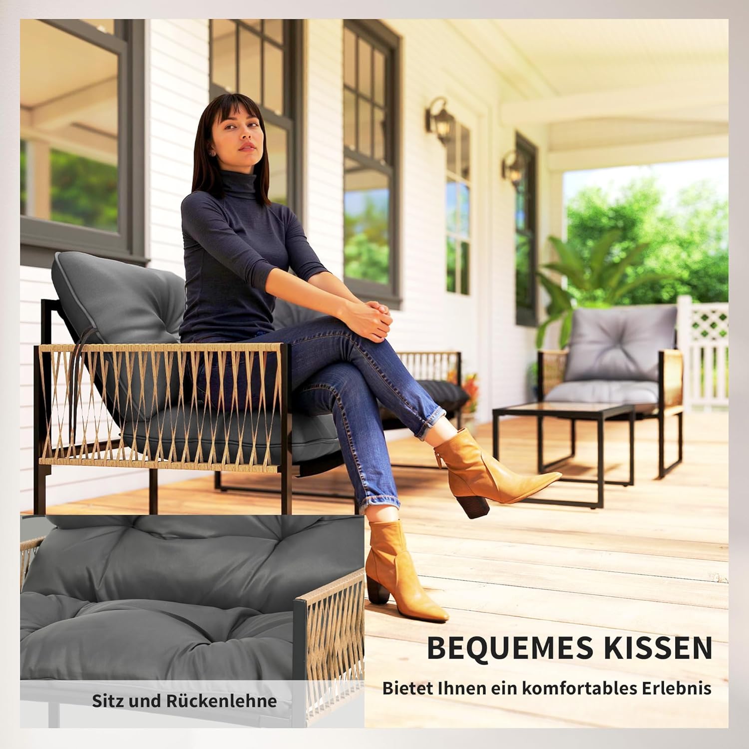 Outsunny 4 TLG. Rattan Gartenmöbel-Set, Sitzgruppe mit Kissen, Gartengarnitur mit 1 Couchtisch aus Glas, 2 Sesseln, 1 Doppelsofa, Sitzgarnitur für Garten, Terrasse, Stahl, Braun — Ansicht 4