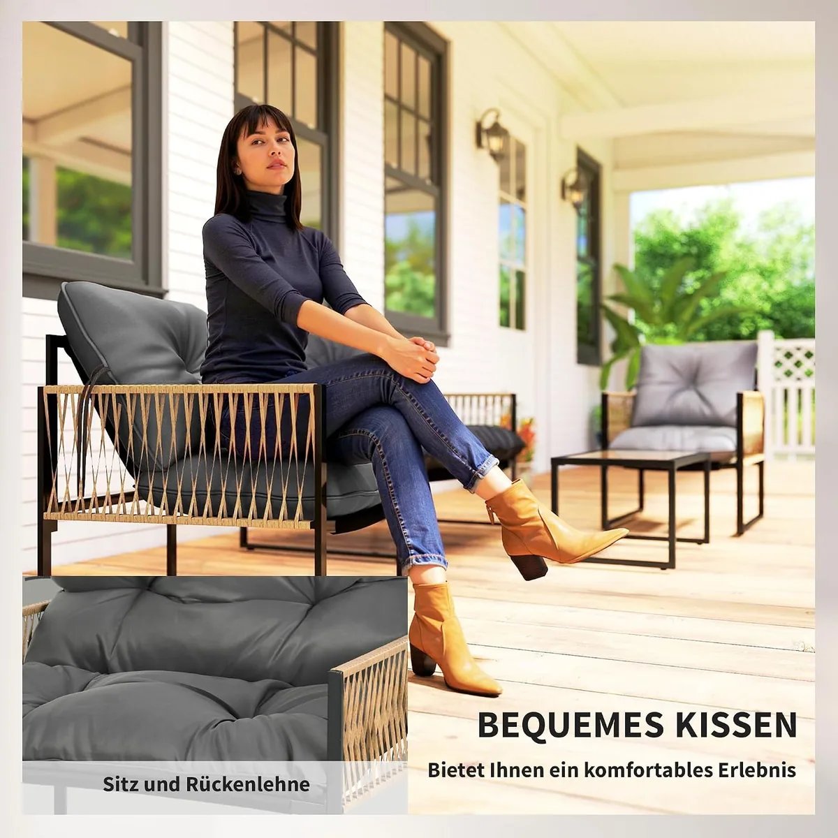 4 TLG. Rattan Gartenmöbel-Set, Sitzgruppe mit Kissen… — Ansicht 4