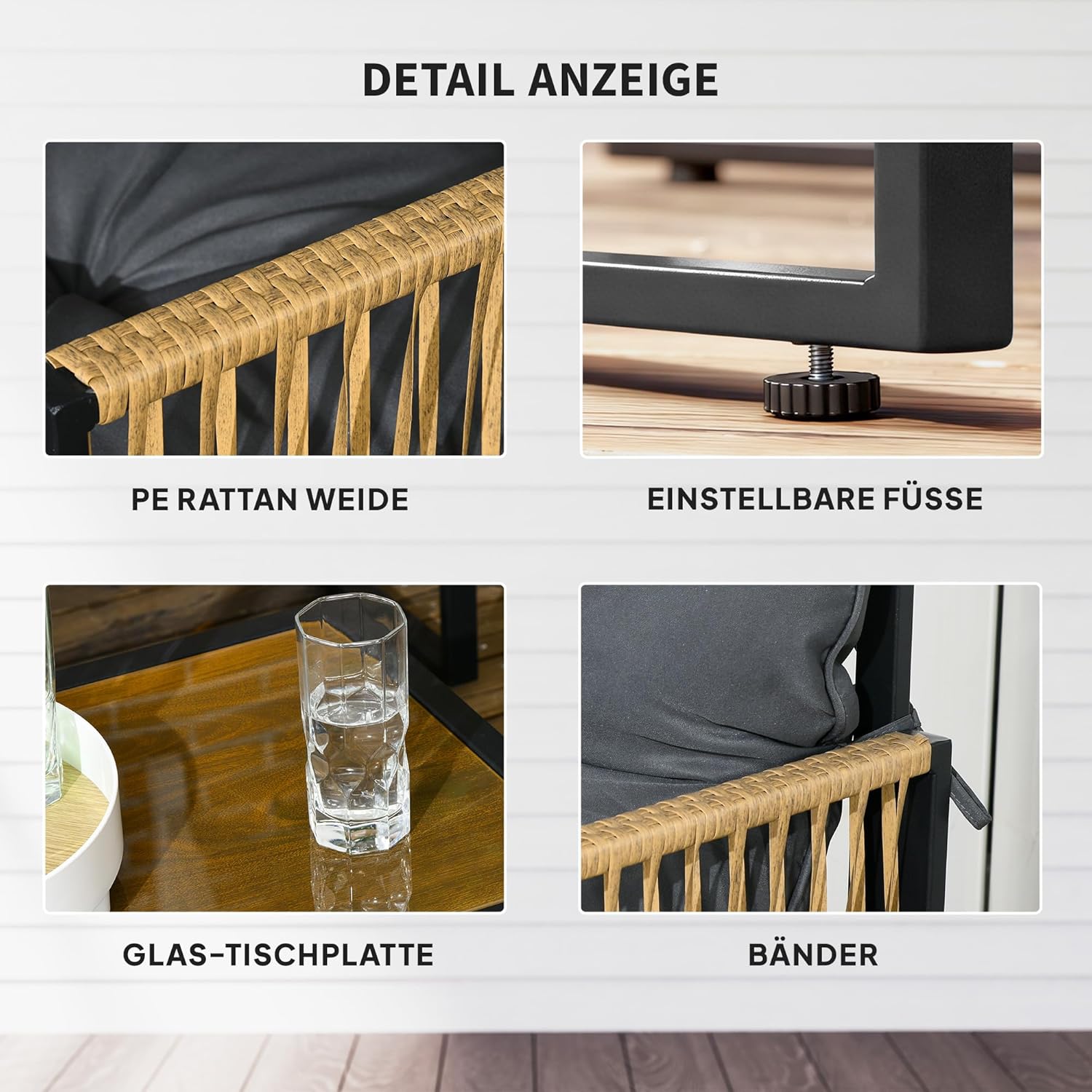 Outsunny 4 TLG. Rattan Gartenmöbel-Set, Sitzgruppe mit Kissen, Gartengarnitur mit 1 Couchtisch aus Glas, 2 Sesseln, 1 Doppelsofa, Sitzgarnitur für Garten, Terrasse, Stahl, Braun — Ansicht 5