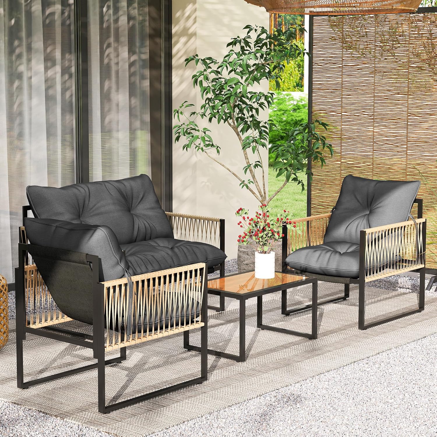 Outsunny 4 TLG. Rattan Gartenmöbel-Set, Sitzgruppe mit Kissen, Gartengarnitur mit 1 Couchtisch aus Glas, 2 Sesseln, 1 Doppelsofa, Sitzgarnitur für Garten, Terrasse, Stahl, Braun — Ansicht 6