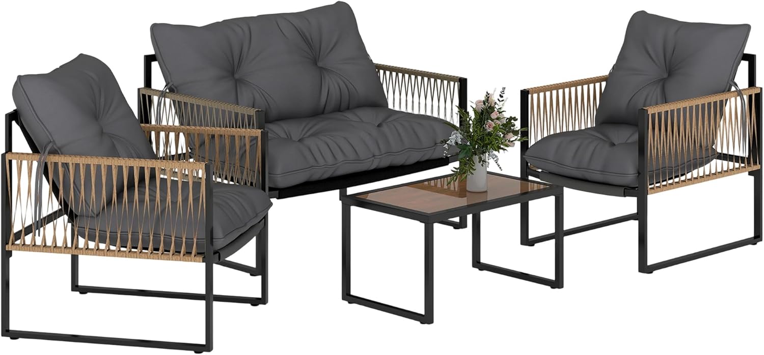 Outsunny 4 TLG. Rattan Gartenmöbel-Set, Sitzgruppe mit Kissen, Gartengarnitur mit 1 Couchtisch aus Glas, 2 Sesseln, 1 Doppelsofa, Sitzgarnitur für Garten, Terrasse, Stahl, Braun