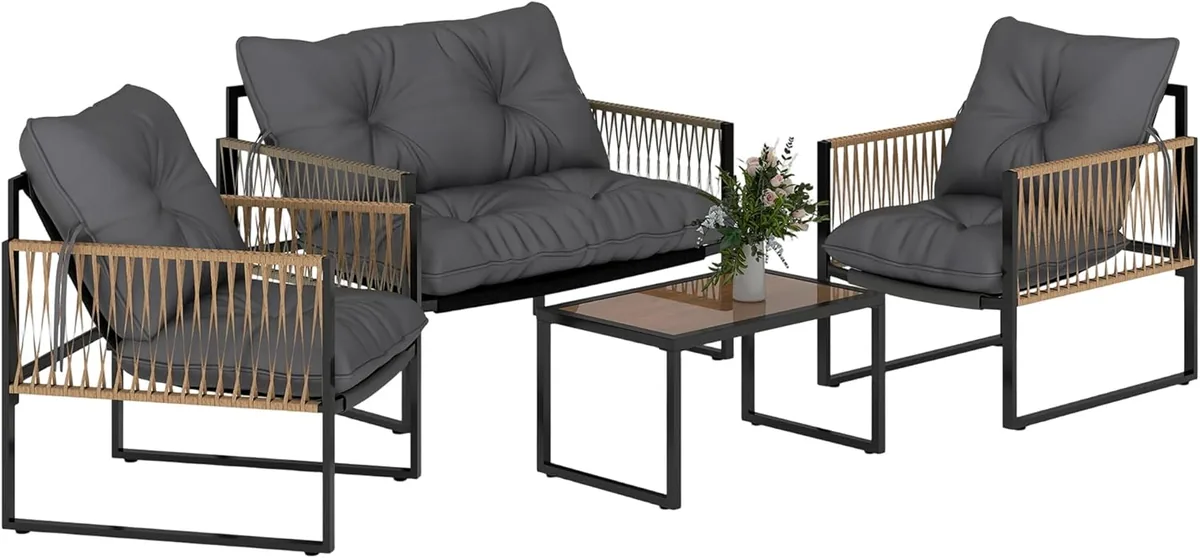 4 TLG. Rattan Gartenmöbel-Set, Sitzgruppe mit Kissen…