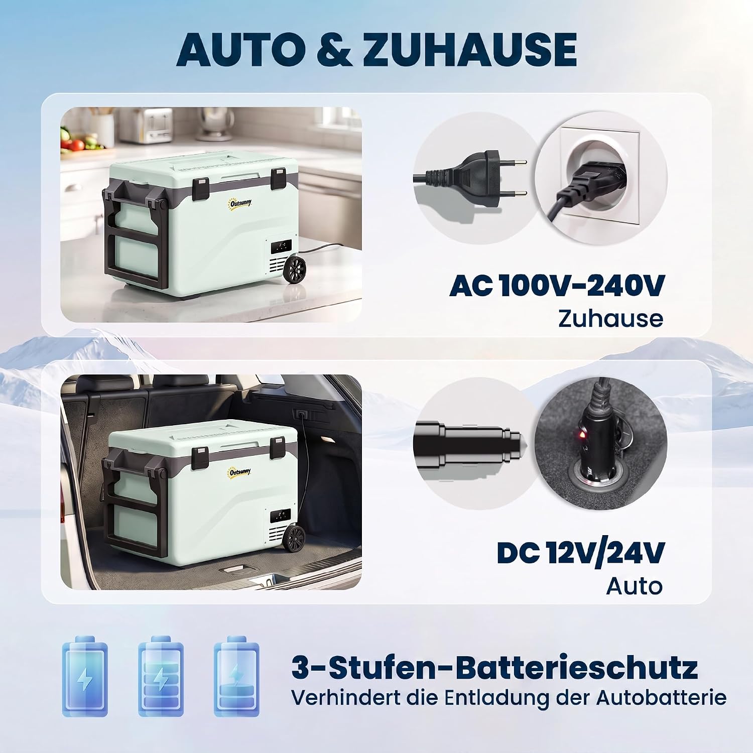 Outsunny 42,5 L Kompressor Kühlbox Leise elektrisch Mini Kühlschrank bis -20°C Kühlbox mit Bluetooth LED Rolle Kühlfunktion Griff Handyhalter Stoßfest Gefrierbox 12/230 Volt für Auto LKW Reisen Grün — Ansicht 5