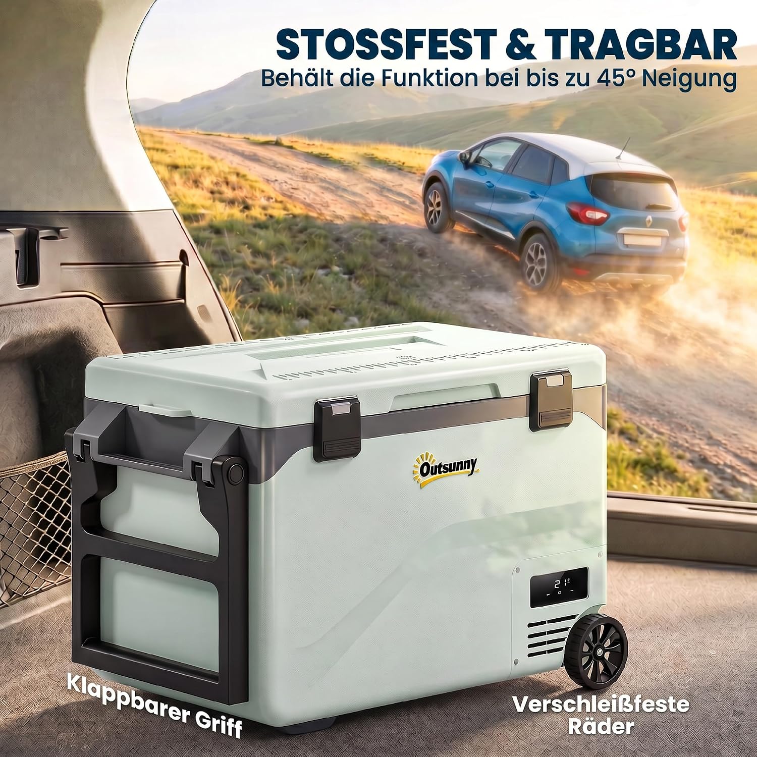 Outsunny 42,5 L Kompressor Kühlbox Leise elektrisch Mini Kühlschrank bis -20°C Kühlbox mit Bluetooth LED Rolle Kühlfunktion Griff Handyhalter Stoßfest Gefrierbox 12/230 Volt für Auto LKW Reisen Grün — Ansicht 6