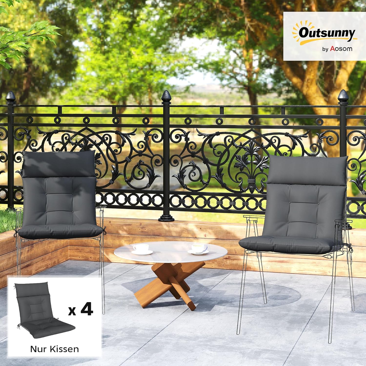 Outsunny 4er Set Sitzkissen 111,5 x 53 x 8 cm wasserabweisend rutschfest Stuhlkissen mit Bändern, Indoor Outdoor Sitzauflage, Sitzpolster, Stuhlpolster für Gartenmöbel, Sitzstuhl, Dunkelgrau — Ansicht 2