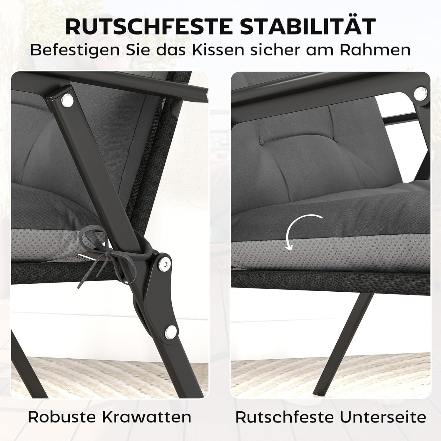 Outsunny 4er Set Sitzkissen 111,5 x 53 x 8 cm wasserabweisend rutschfest Stuhlkissen mit Bändern, Indoor Outdoor Sitzauflage, Sitzpolster, Stuhlpolster für Gartenmöbel, Sitzstuhl, Dunkelgrau — Ansicht 5