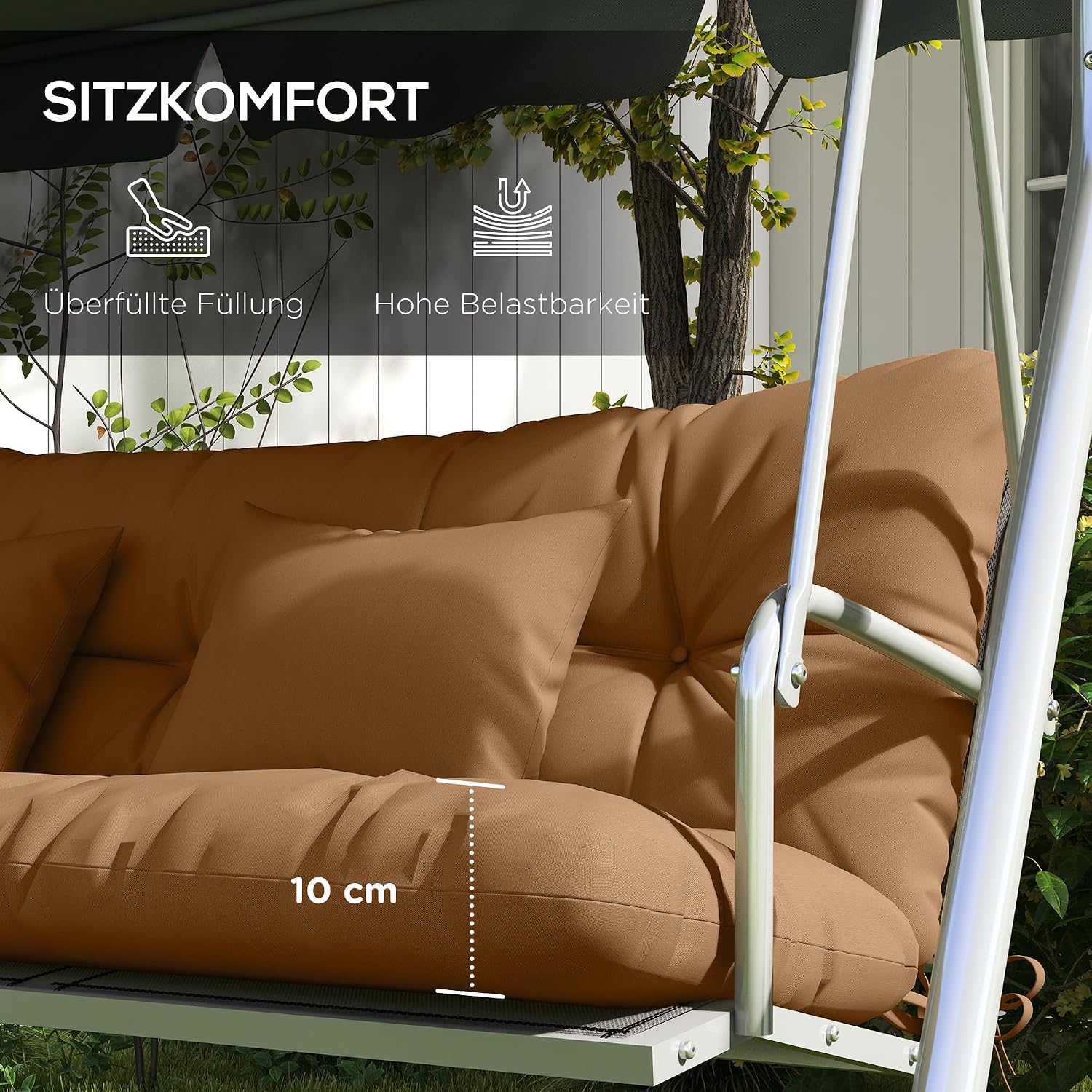 Outsunny 4er-Set Sitzkissen, 150x50 cm wasserabweisend Stuhlkissen mit Bindebänder, Geknüpftem Design 10cm dick Polsterauflage für Schaukel, Sitzpolster für Haus, Garten, Sofa, Bräune — Ansicht 5