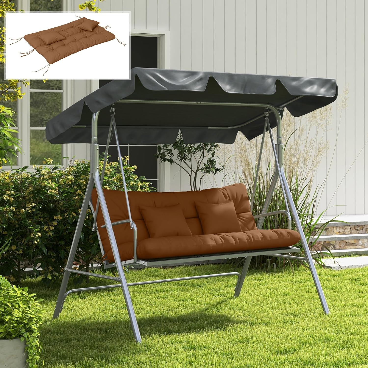 Outsunny 4er-Set Sitzkissen, 150x50 cm wasserabweisend Stuhlkissen mit Bindebänder, Geknüpftem Design 10cm dick Polsterauflage für Schaukel, Sitzpolster für Haus, Garten, Sofa, Bräune — Ansicht 6