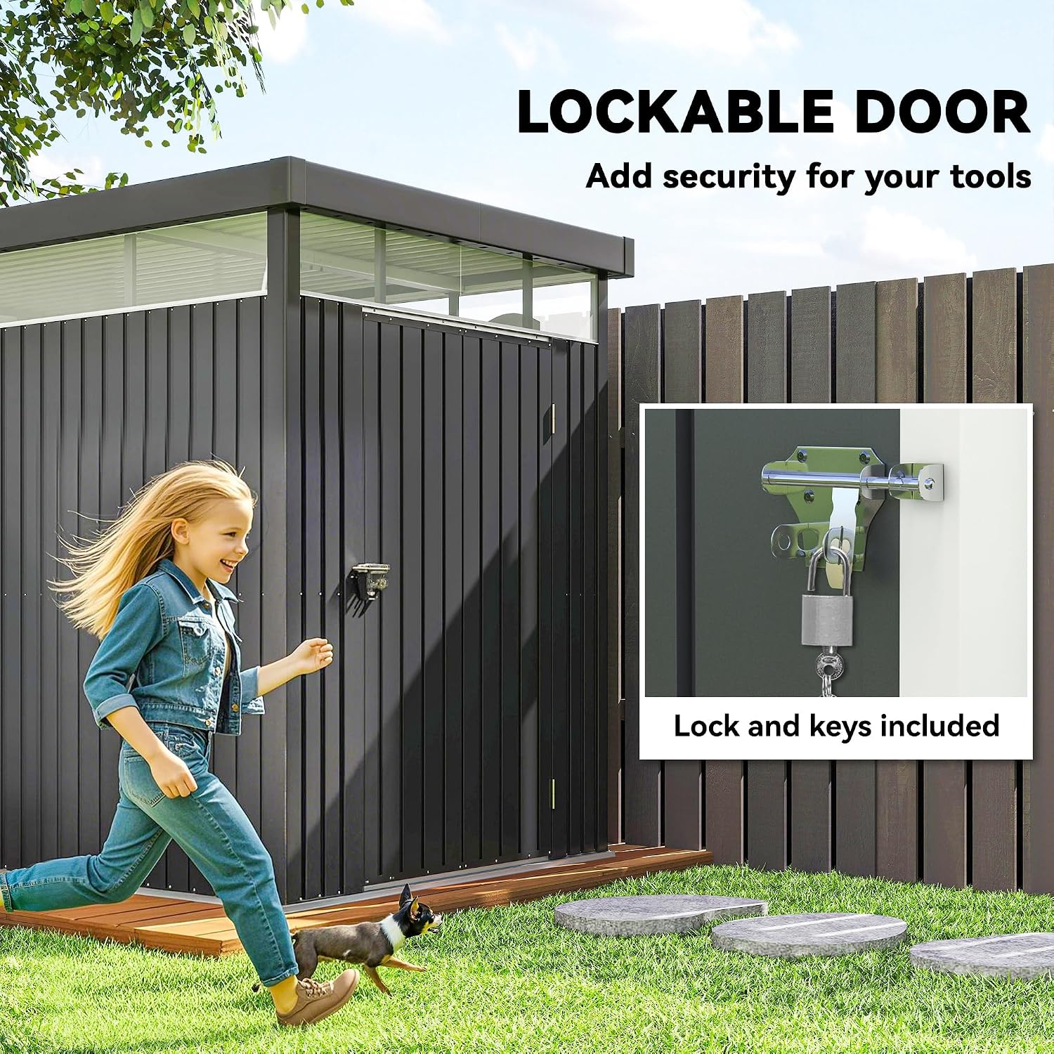 Outsunny 4m2 verzinkter Stahl-Gartenschuppen mit Entwässerungslöchern und transparenten Acrylfenstern, Geräteschuppen mit Dach, abschließbare Tür mit Schlüssel und Handschuhen, dunkelgrau — Ansicht 6