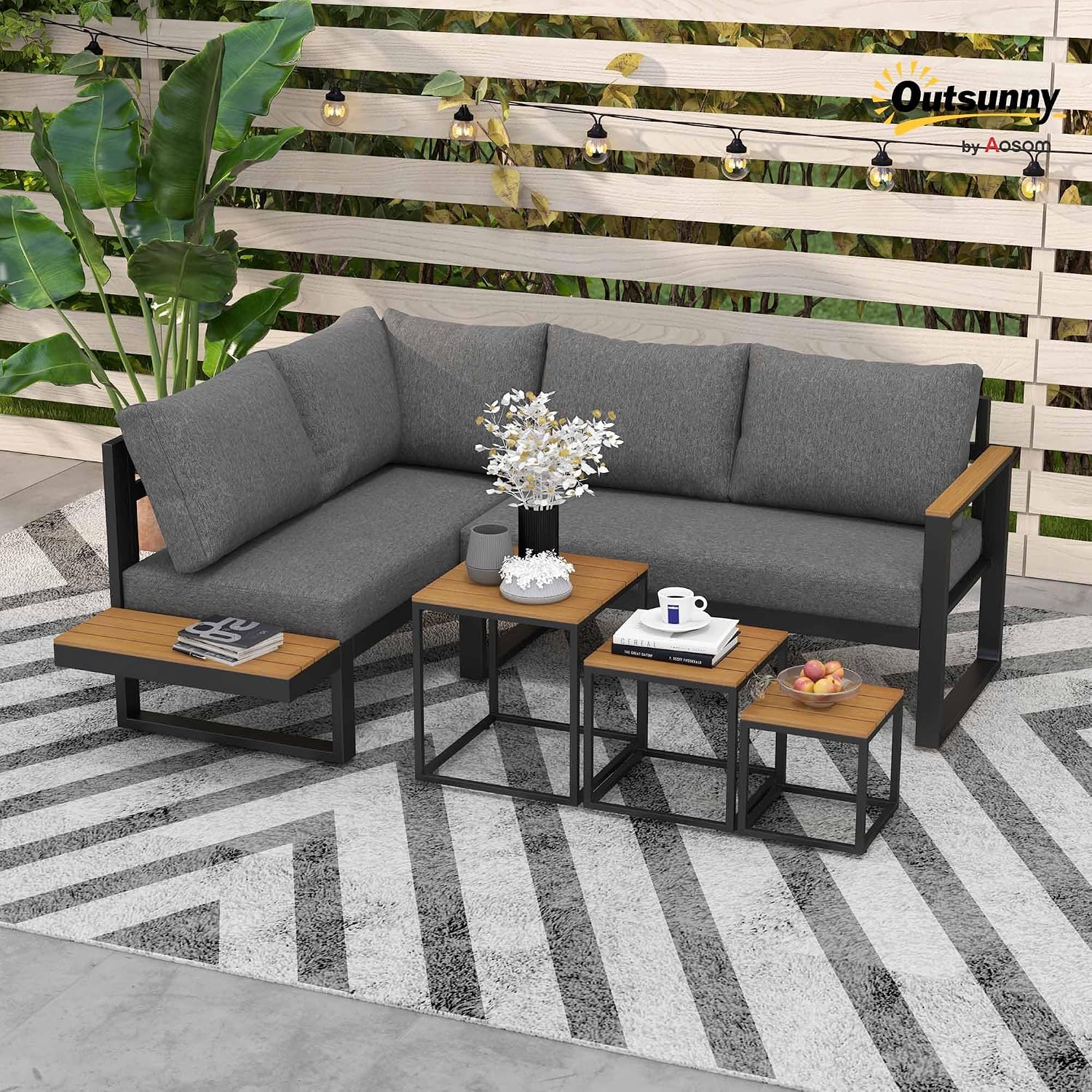 Outsunny 5-TLG. Gartenmöbel-Set mit Ecksofa, Doppelsofa und Couchtisch, Gartengarnitur inklusive Sitzkissen, Loungegruppe für Balkon und Terrasse, Balkonmöbel-Set, Grau — Ansicht 2