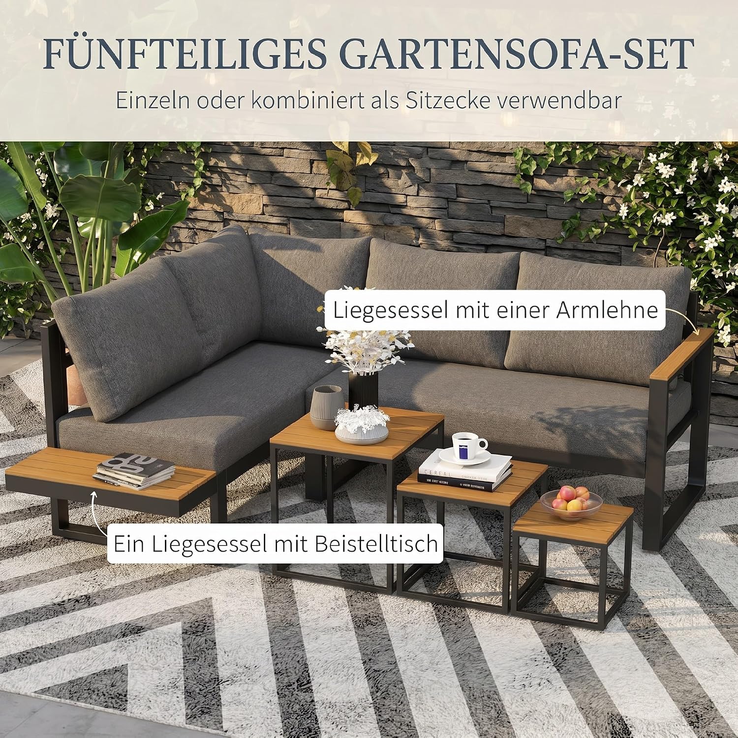 Outsunny 5-TLG. Gartenmöbel-Set mit Ecksofa, Doppelsofa und Couchtisch, Gartengarnitur inklusive Sitzkissen, Loungegruppe für Balkon und Terrasse, Balkonmöbel-Set, Grau — Ansicht 3