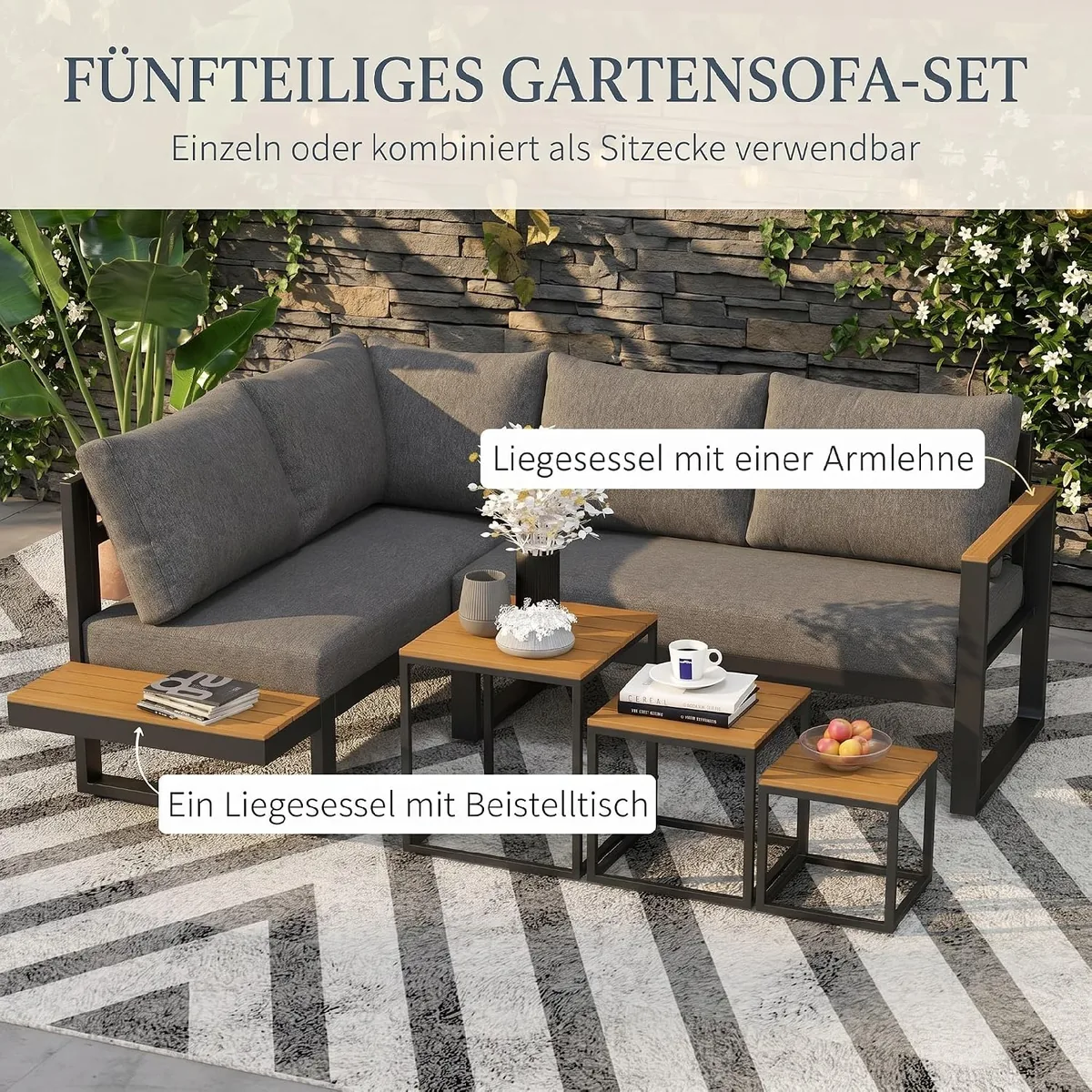 5-TLG. Gartenmöbel-Set mit Ecksofa, Doppelsofa und… — Ansicht 3