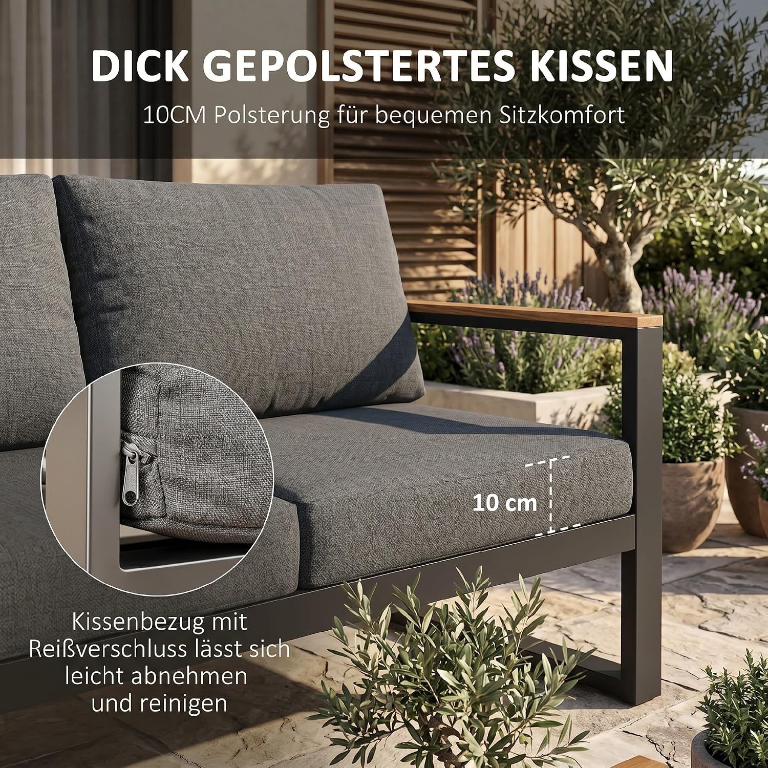 Outsunny 5-TLG. Gartenmöbel-Set mit Ecksofa, Doppelsofa und Couchtisch, Gartengarnitur inklusive Sitzkissen, Loungegruppe für Balkon und Terrasse, Balkonmöbel-Set, Grau — Ansicht 4