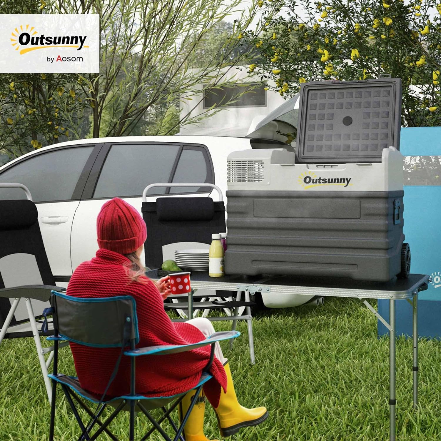 Outsunny 56 Liter Kompressor Kühlbox elektrische Kühlbox mit ECO Modus Anschluss Kühlfunktion Gefrierbox Thermobox Mini Kühlschrank 12/240 Volt für Auto Steckdose LKW Camping Boot Schwarz — Ansicht 2