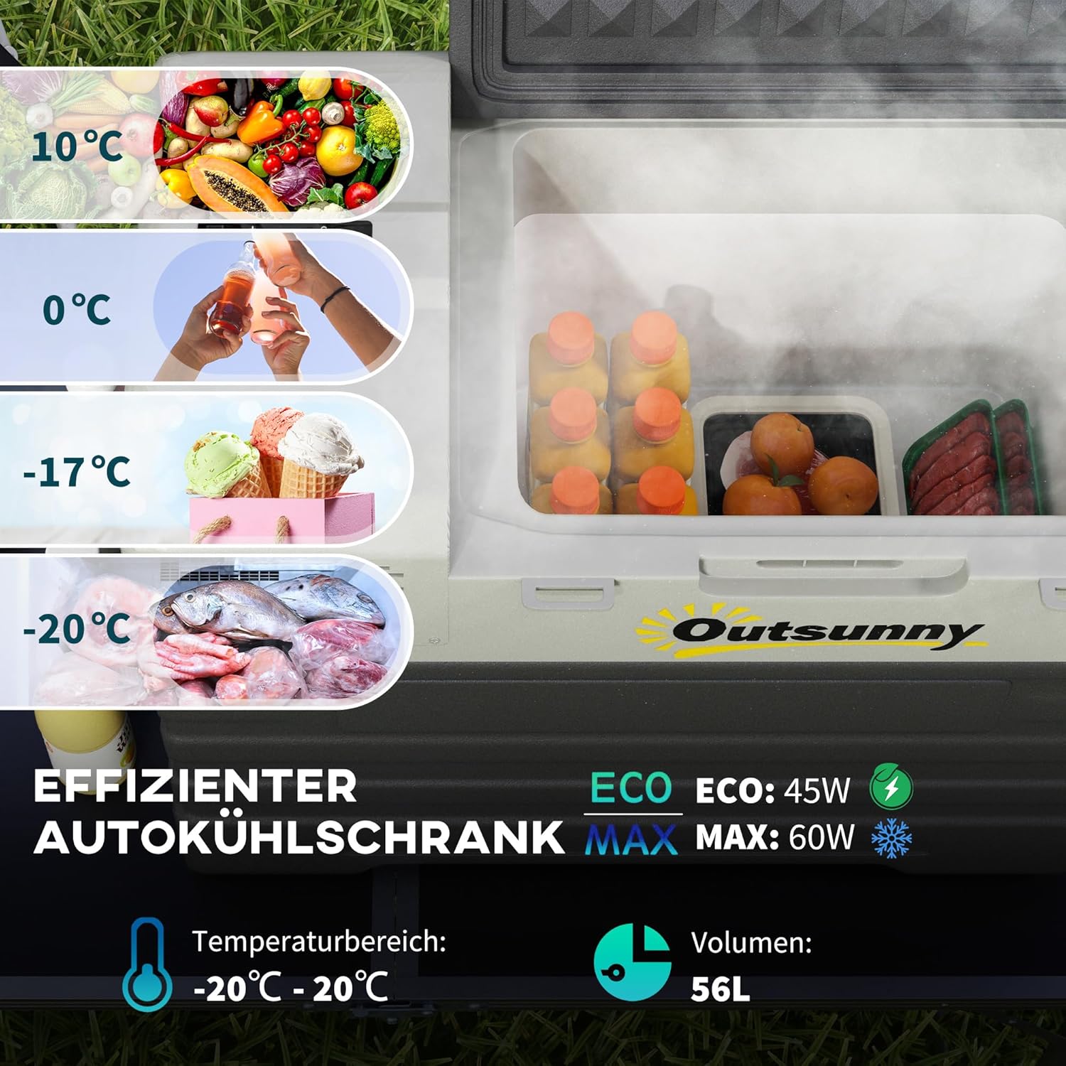 Outsunny 56 Liter Kompressor Kühlbox elektrische Kühlbox mit ECO Modus Anschluss Kühlfunktion Gefrierbox Thermobox Mini Kühlschrank 12/240 Volt für Auto Steckdose LKW Camping Boot Schwarz — Ansicht 3