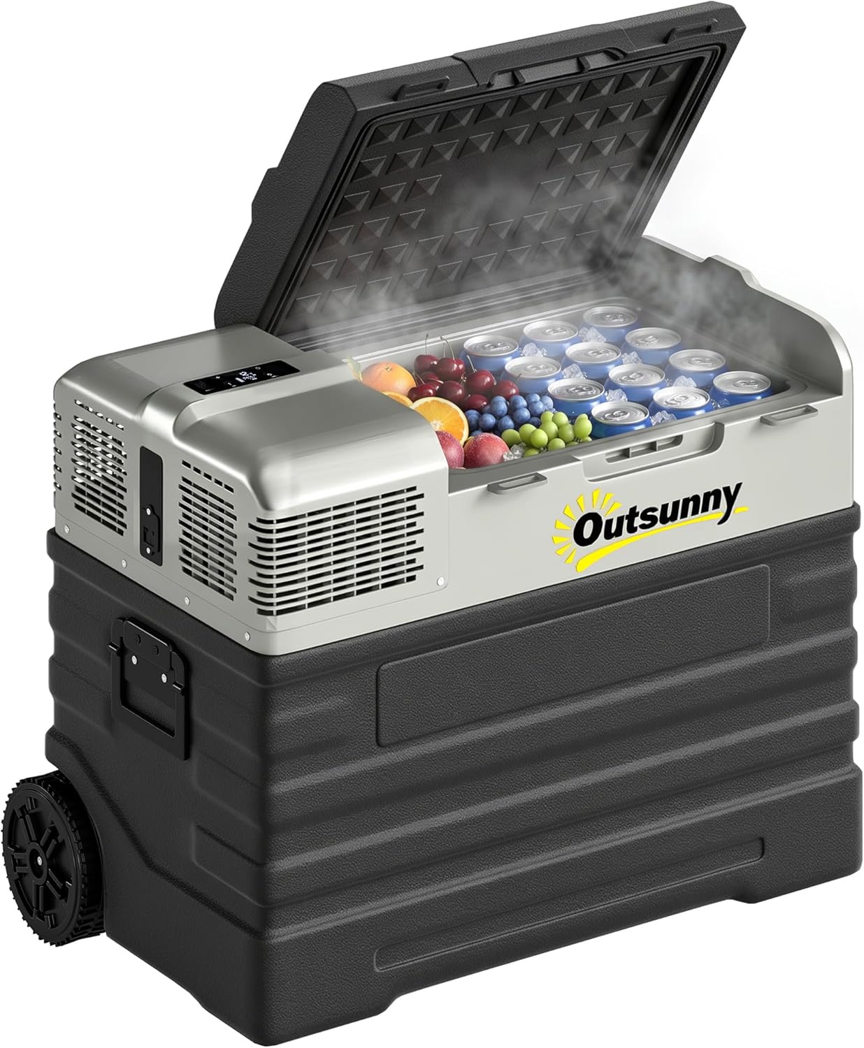 Outsunny 56 Liter Kompressor Kühlbox elektrische Kühlbox mit ECO Modus Anschluss Kühlfunktion Gefrierbox Thermobox Mini Kühlschrank 12/240 Volt für Auto Steckdose LKW Camping Boot Schwarz