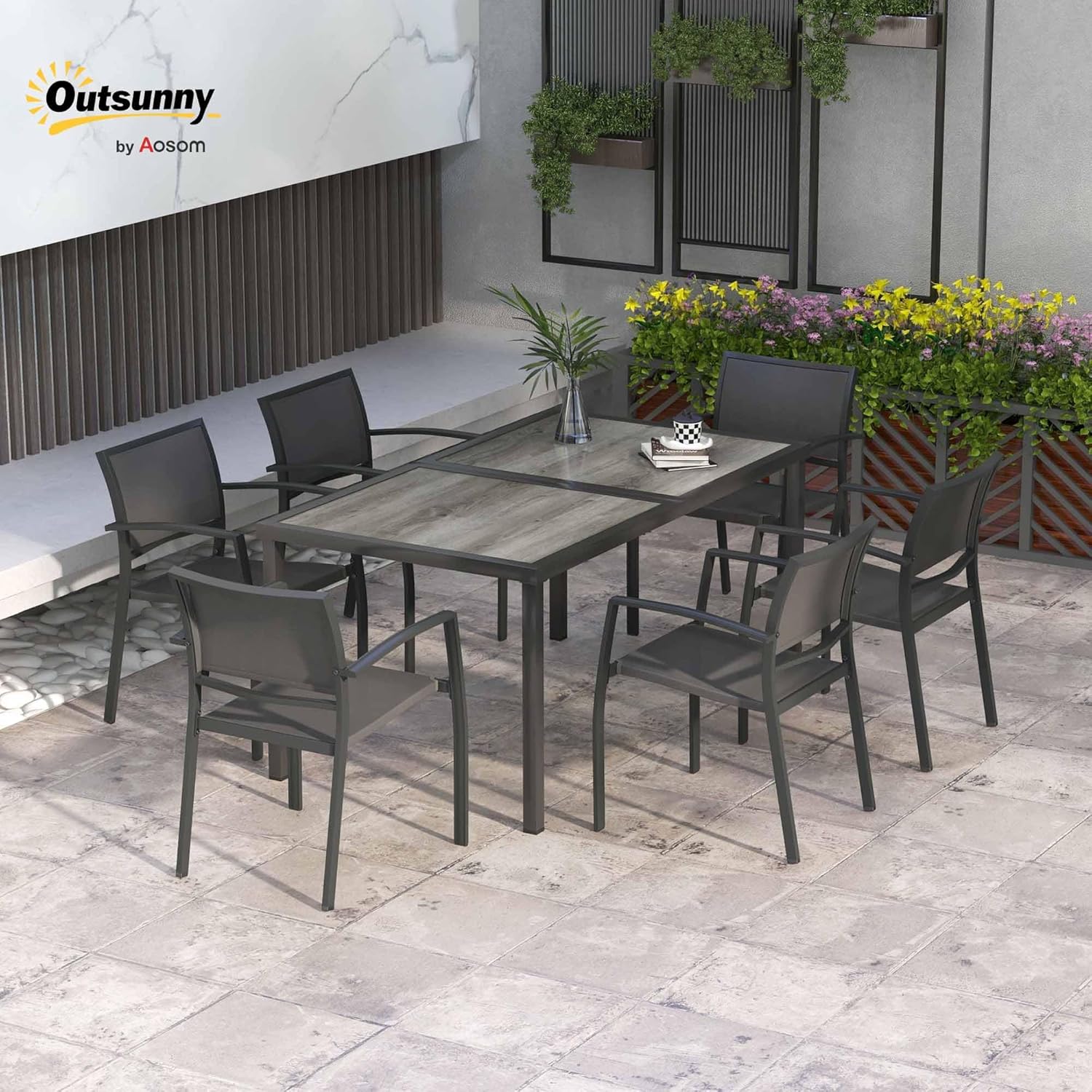 Outsunny 7 TLG. Sitzgruppe Gartenmöbel-Set, Gartengarnitur mit 1 Esstisch, 6 stapelbaren Stühlen, Sitzgarnitur, für Terrasse, Mesh, Dunkelgrau — Ansicht 2