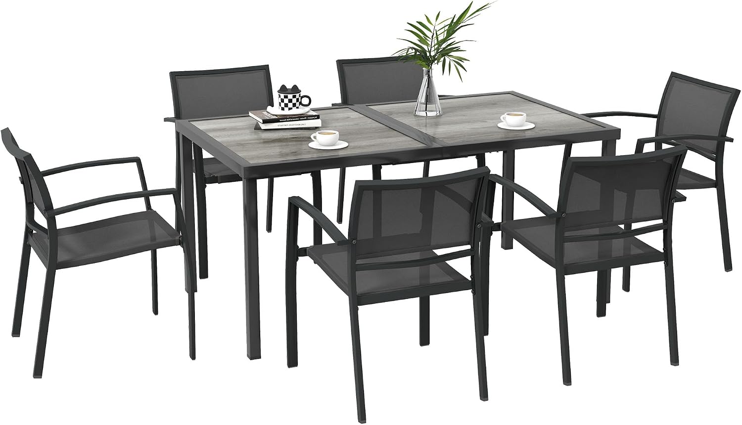 Outsunny 7 TLG. Sitzgruppe Gartenmöbel-Set, Gartengarnitur mit 1 Esstisch, 6 stapelbaren Stühlen, Sitzgarnitur, für Terrasse, Mesh, Dunkelgrau