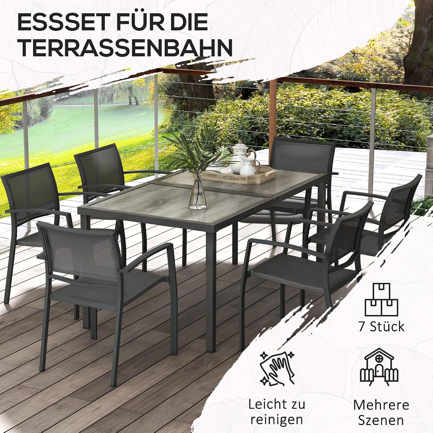 Outsunny 7 TLG. Sitzgruppe Gartenmöbel-Set, Gartengarnitur mit 1 Esstisch, 6 stapelbaren Stühlen, Sitzgarnitur, für Terrasse, Mesh, Dunkelgrau — Ansicht 5