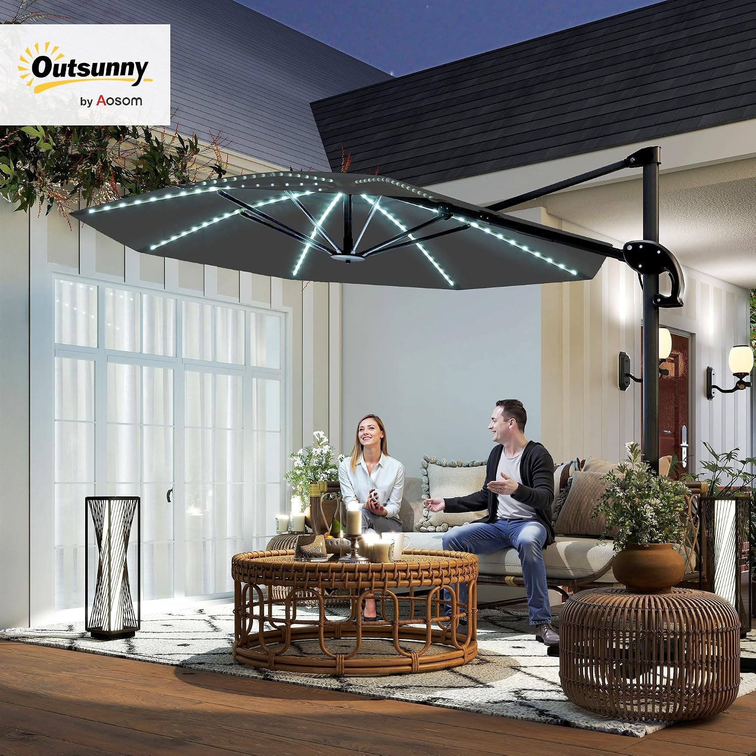 Outsunny Alu Ampelschirm LED Solar Ø300cm höhenverstellbar Sonnenschirm mit Kurbel Ständer UV50+ Wasserabweisend 360° drehbar Marktschirm neigbar Gartenschirm Sonnenschutz für Garten Balkon Dunkelgrau — Ansicht 2