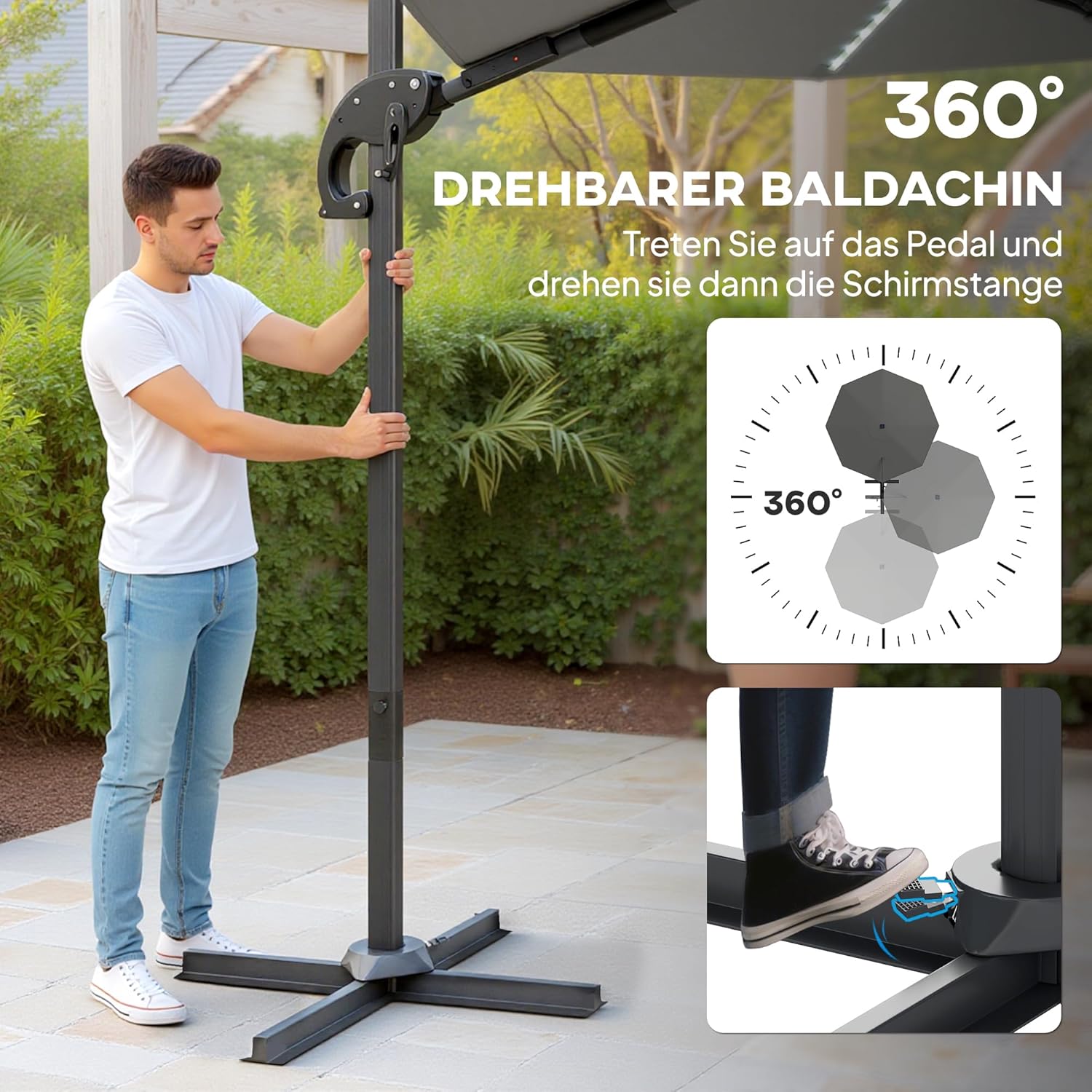 Outsunny Alu Ampelschirm LED Solar Ø300cm höhenverstellbar Sonnenschirm mit Kurbel Ständer UV50+ Wasserabweisend 360° drehbar Marktschirm neigbar Gartenschirm Sonnenschutz für Garten Balkon Dunkelgrau — Ansicht 3