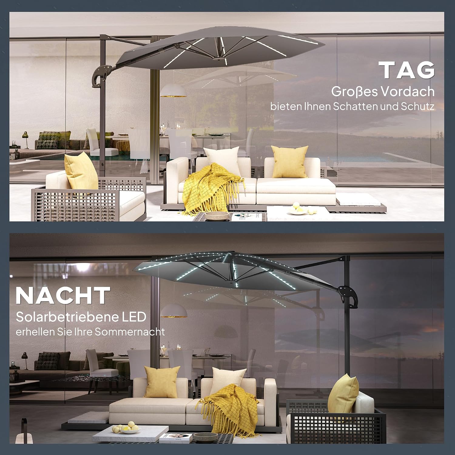 Outsunny Alu Ampelschirm LED Solar Ø300cm höhenverstellbar Sonnenschirm mit Kurbel Ständer UV50+ Wasserabweisend 360° drehbar Marktschirm neigbar Gartenschirm Sonnenschutz für Garten Balkon Dunkelgrau — Ansicht 5
