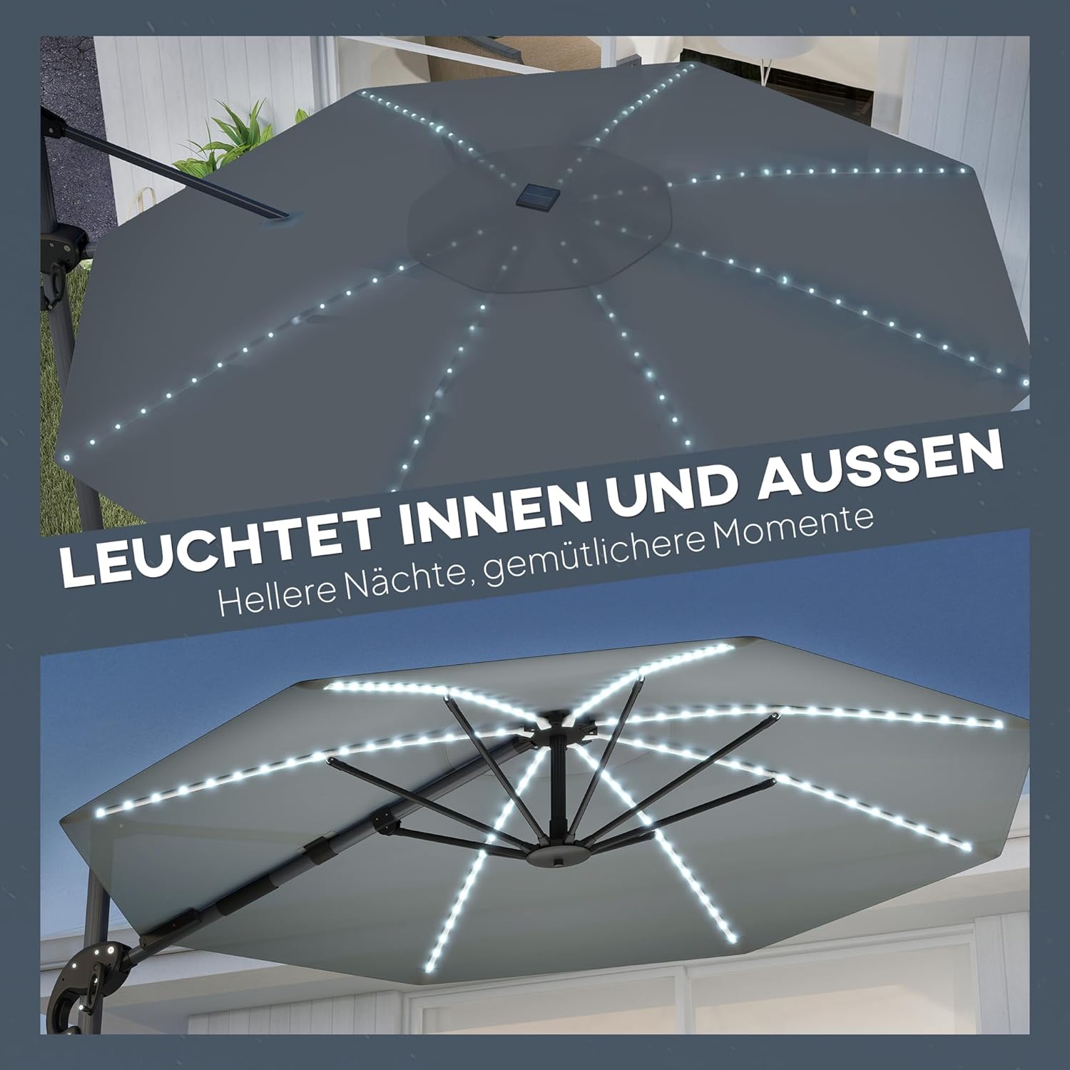 Outsunny Alu Ampelschirm LED Solar Ø300cm höhenverstellbar Sonnenschirm mit Kurbel Ständer UV50+ Wasserabweisend 360° drehbar Marktschirm neigbar Gartenschirm Sonnenschutz für Garten Balkon Dunkelgrau — Ansicht 6