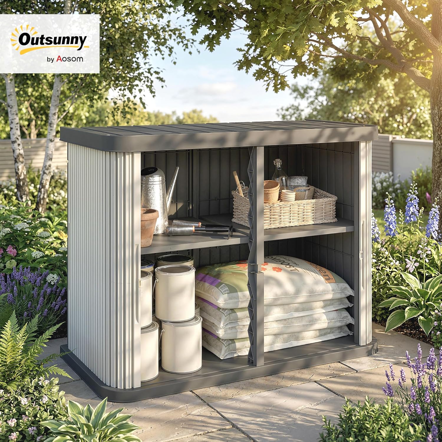 Outsunny Aufbewahrungsbox für den Außenbereich, 480 l, 2 Ebenen mit Schiebetüren, UV-beständig, für Garten und Terrasse, 120,5 x 59,5 x 92 cm, Hellbraun — Ansicht 2