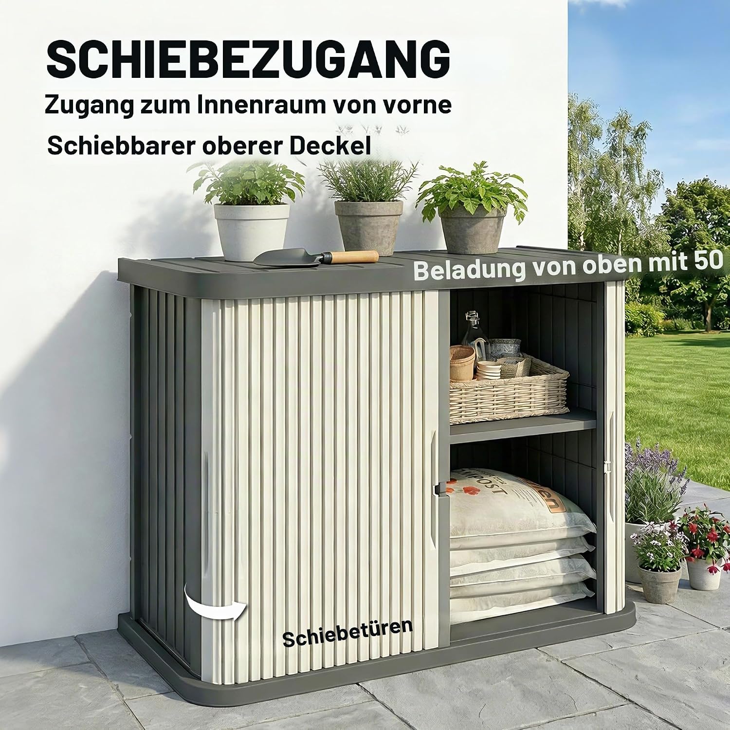 Outsunny Aufbewahrungsbox für den Außenbereich, 480 l, 2 Ebenen mit Schiebetüren, UV-beständig, für Garten und Terrasse, 120,5 x 59,5 x 92 cm, Hellbraun — Ansicht 5