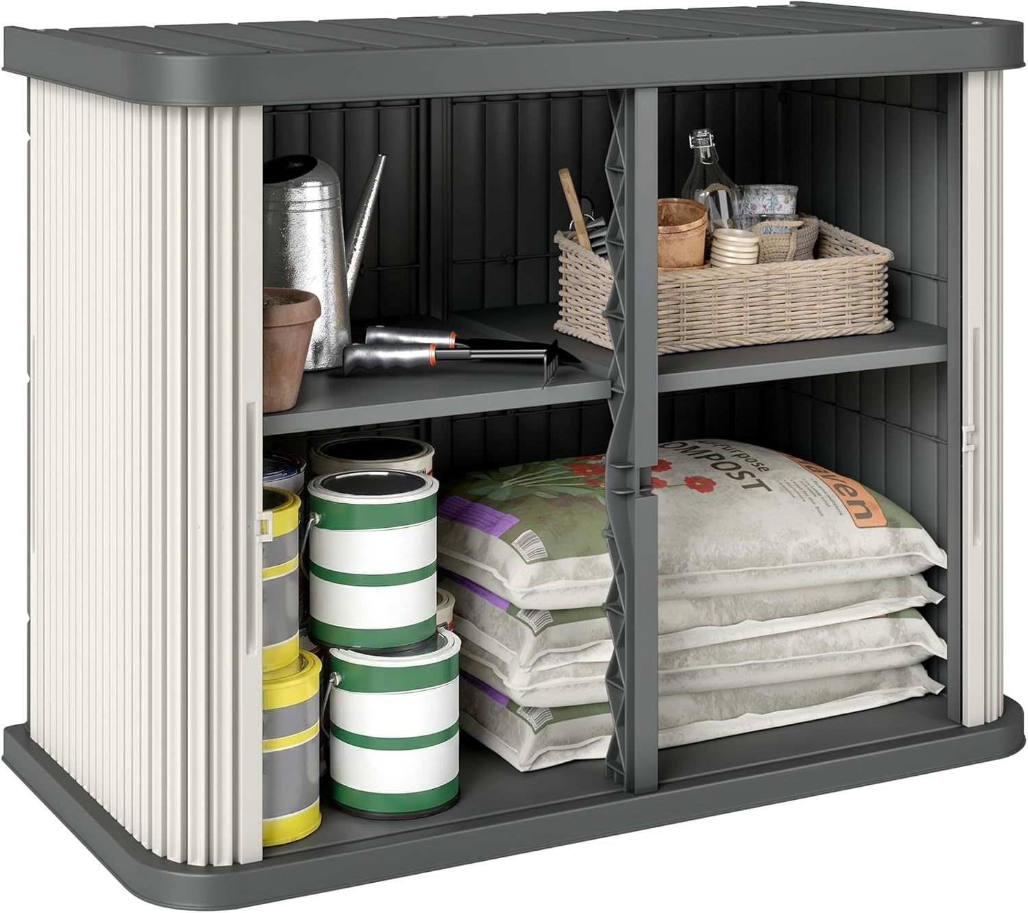 Outsunny Aufbewahrungsbox für den Außenbereich, 480 l, 2 Ebenen mit Schiebetüren, UV-beständig, für Garten und Terrasse, 120,5 x 59,5 x 92 cm, Hellbraun