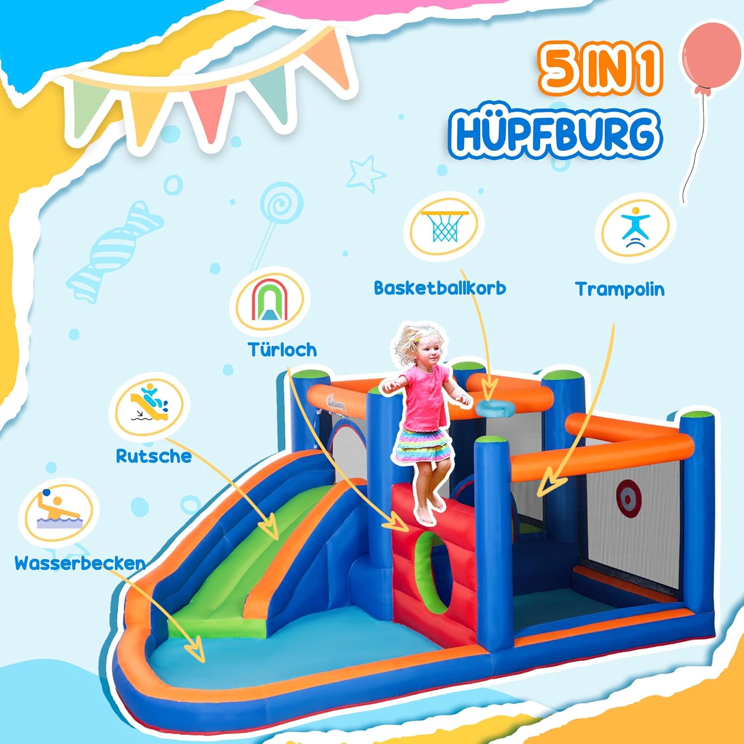 Outsunny Aufblasbare Hüpfburg Wasserpark mit Gebläse Hüpfburg mit Wasserrutsche Basketballkorb Aufblasbare Wasserspielcenter für Kinder ab 3 Jahren Trampolin Pool 380 x 340 x 170 cm — Ansicht 3