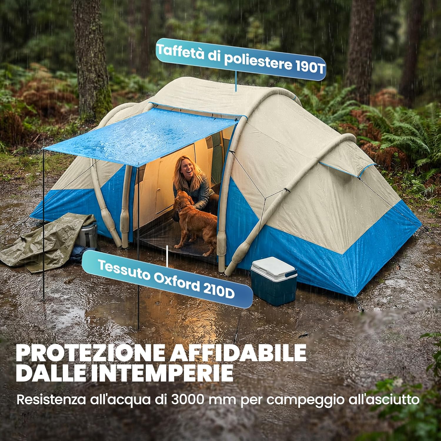 Outsunny Aufblasbares Campingzelt mit Luftpumpe, Campingzelt für 4 Personen, wasserdicht 3000 mm, mit 2 Schlafzimmern, Fenstern, Türen und Tragetasche, schnelle Montage, Blau — Ansicht 6