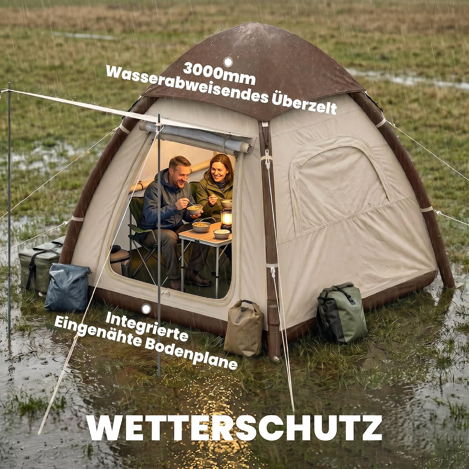 Outsunny Aufblasbares Zelt 3 Personen Schneller Aufbau Outdoor Camping Zelt mit Luftpumpe Meshfenster abnehmbar Dach fluoreszierend Heringen Stehhöhe Vordach 3000 mm Wassersäule Air Glamping Zelte — Ansicht 5