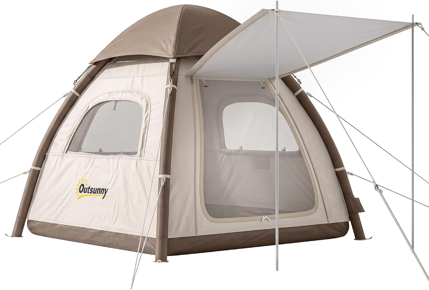 Outsunny Aufblasbares Zelt 3 Personen Schneller Aufbau Outdoor Camping Zelt mit Luftpumpe Meshfenster abnehmbar Dach fluoreszierend Heringen Stehhöhe Vordach 3000 mm Wassersäule Air Glamping Zelte