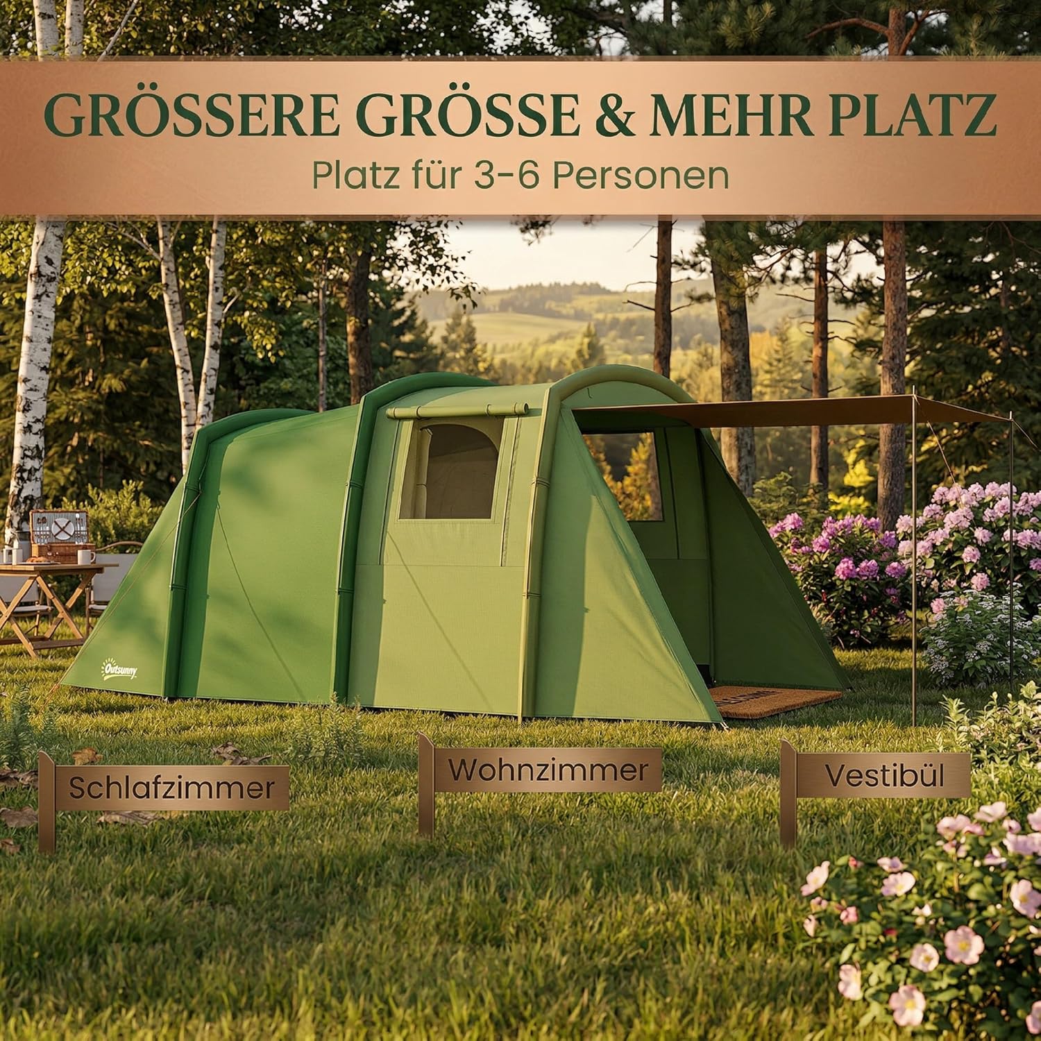 Outsunny Aufblasbares Zelt für 3–6 Personen Outdoor Campingzelt Familienzelt Luftzelt Glamping Zelt für 3 Jahreszeiten mit Luftpumpe UV50+ Winddicht Schneller Aufbau — Ansicht 5