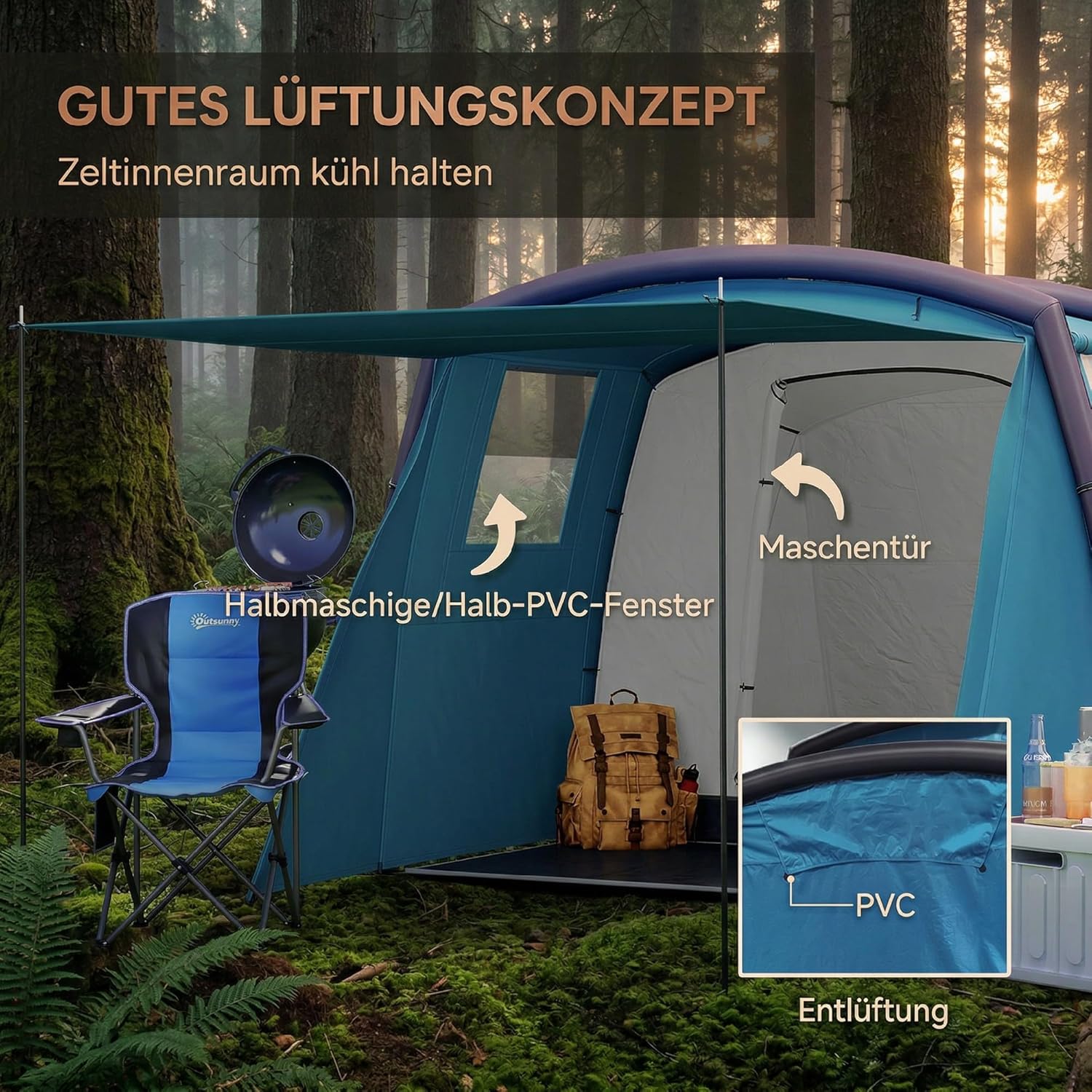 Outsunny Aufblasbares Zelt für 3–6 Personen Outdoor Campingzelt Familienzelt Luftzelt Glamping Zelt für 3 Jahreszeiten mit Luftpumpe UV50+ Winddicht Schneller Aufbau — Ansicht 6