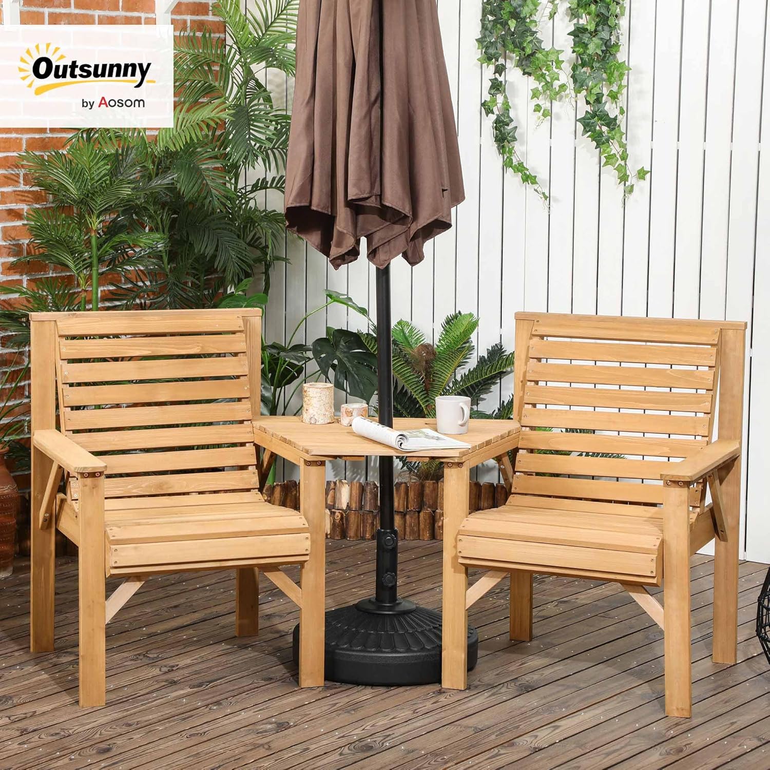Outsunny Bistro-Set 3-teilig aus Holz Wetterfest Gartenmöbel Set mit Lamellendesign Sonnenschirmloch Gartenstühlen Outdoor Balkonmöbel Set Sitzgruppe Balkonset Gartengarnitur Braun — Ansicht 2