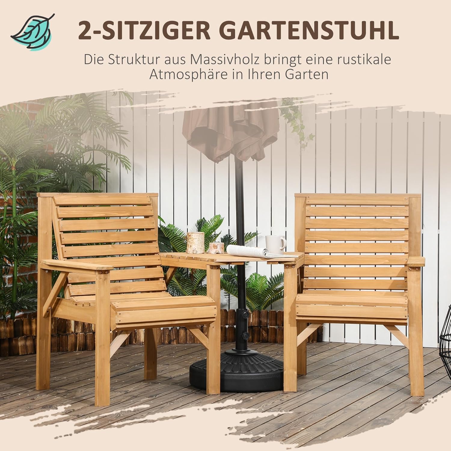 Outsunny Bistro-Set 3-teilig aus Holz Wetterfest Gartenmöbel Set mit Lamellendesign Sonnenschirmloch Gartenstühlen Outdoor Balkonmöbel Set Sitzgruppe Balkonset Gartengarnitur Braun — Ansicht 3