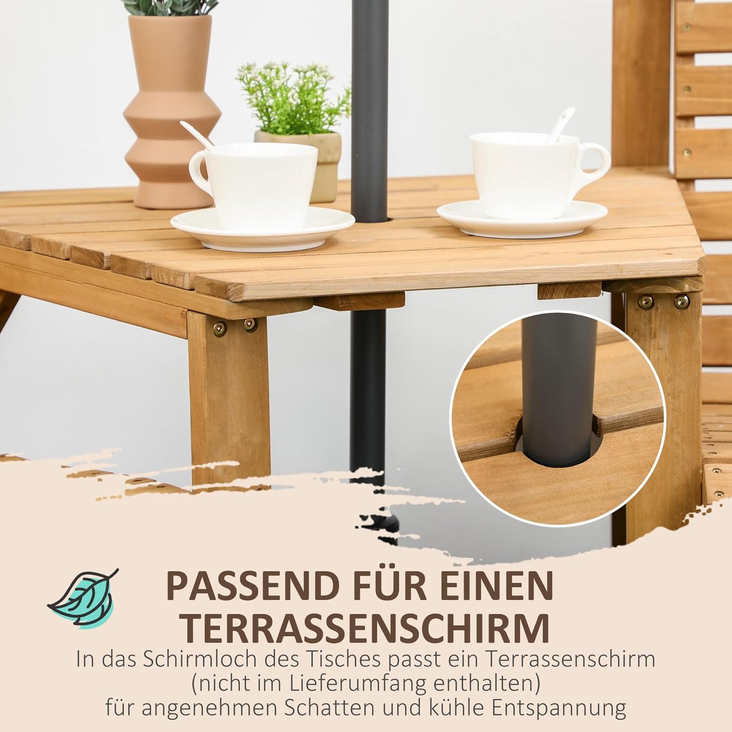 Outsunny Bistro-Set 3-teilig aus Holz Wetterfest Gartenmöbel Set mit Lamellendesign Sonnenschirmloch Gartenstühlen Outdoor Balkonmöbel Set Sitzgruppe Balkonset Gartengarnitur Braun — Ansicht 4