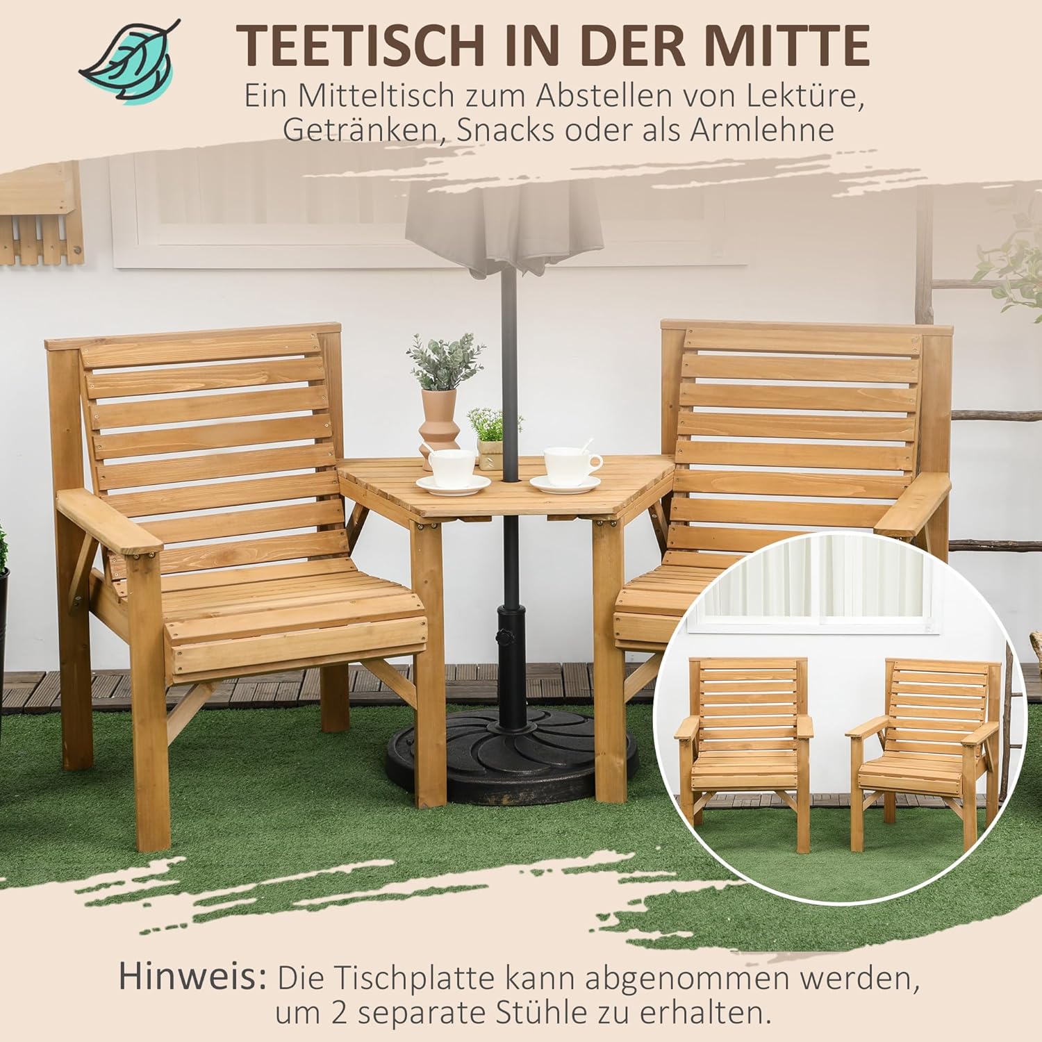 Outsunny Bistro-Set 3-teilig aus Holz Wetterfest Gartenmöbel Set mit Lamellendesign Sonnenschirmloch Gartenstühlen Outdoor Balkonmöbel Set Sitzgruppe Balkonset Gartengarnitur Braun — Ansicht 5