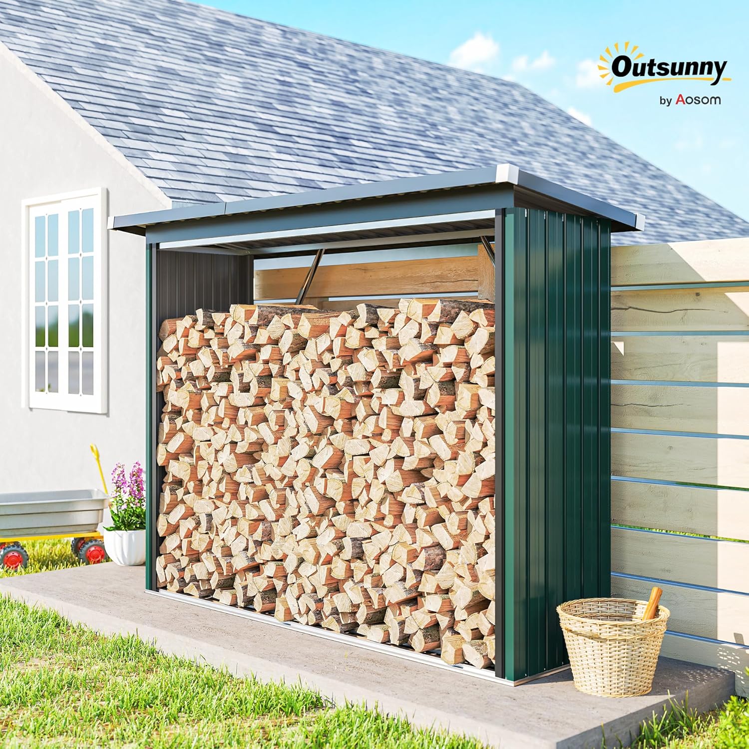 Outsunny Brennholzunterstand erhöhtes Brennholzregal mit Pultdach Schnelle Montage Kaminholzunterstand Metall Holz Lager Brennholzlager Garten Holzlager für Kaminholz Grün — Ansicht 2