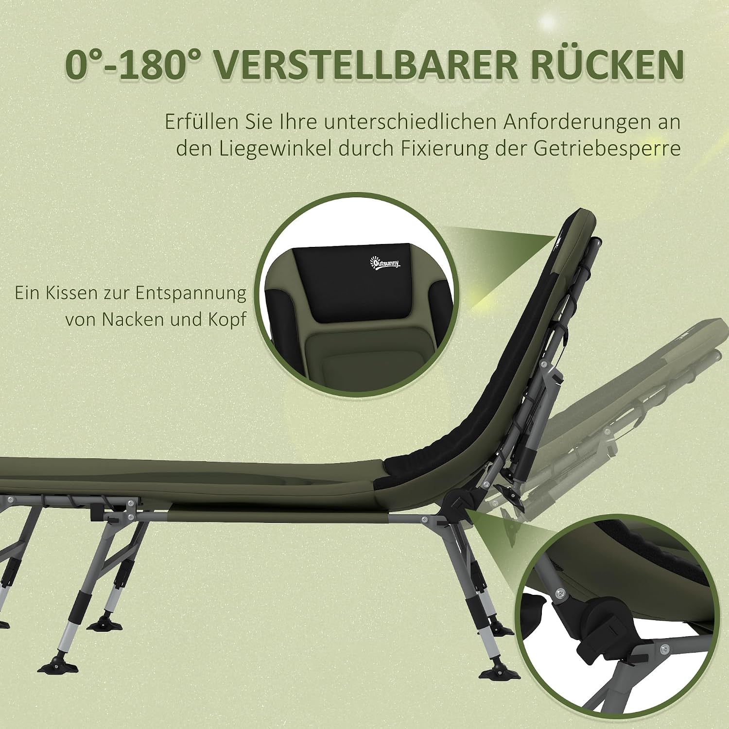 Outsunny Campingbett Feldbett klappbar Reisebett verstellbar Klappbett bis 180 kg belastbar für Outdoor Oxford Grün — Ansicht 3