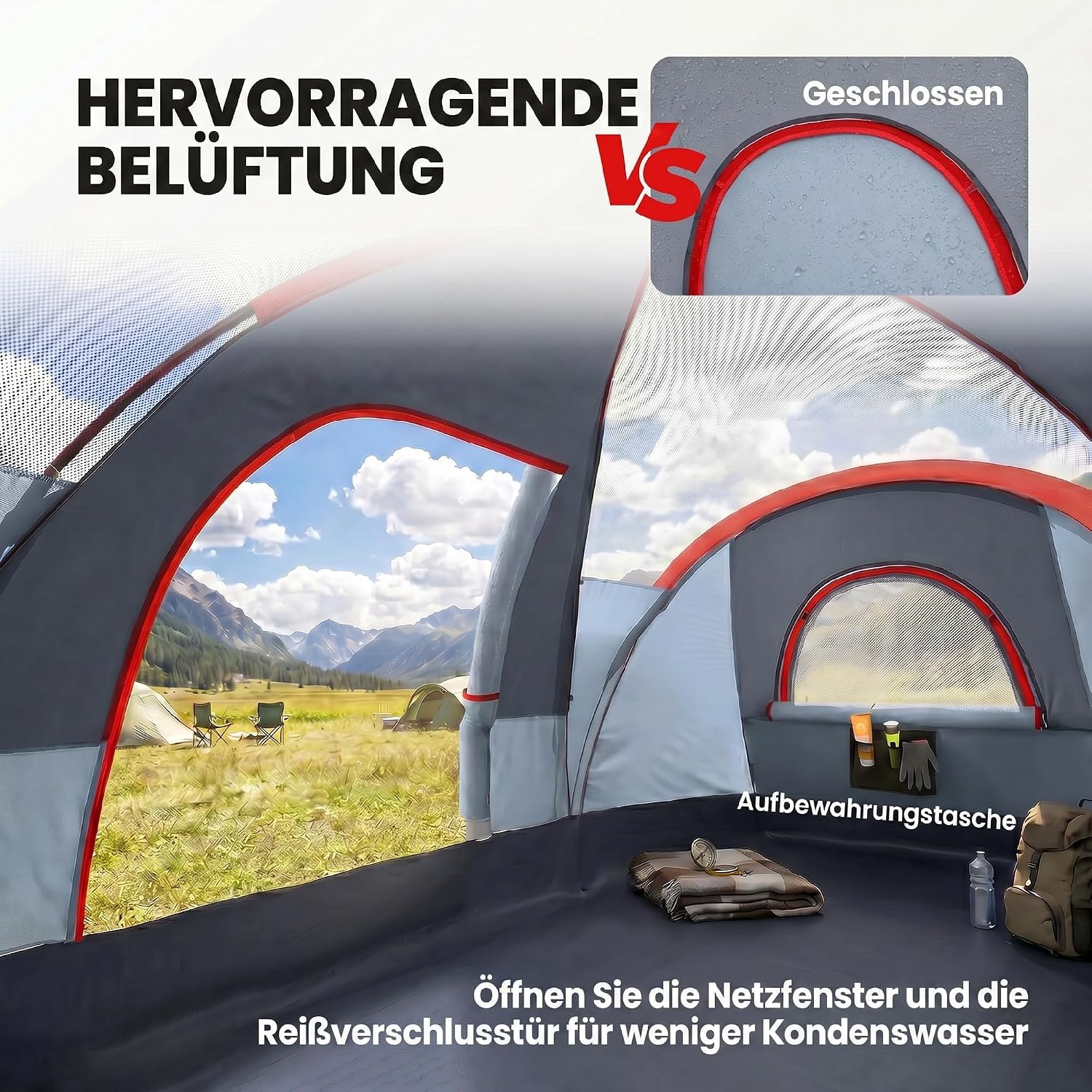 Outsunny Campingzelt für 5 Personen stabil wasserdicht Familienzelt mit Eingang Fenster Packtasche, Zelt mit 3000mm Wassersäule Tunnelzelt für Camping Reise Garten — Ansicht 5