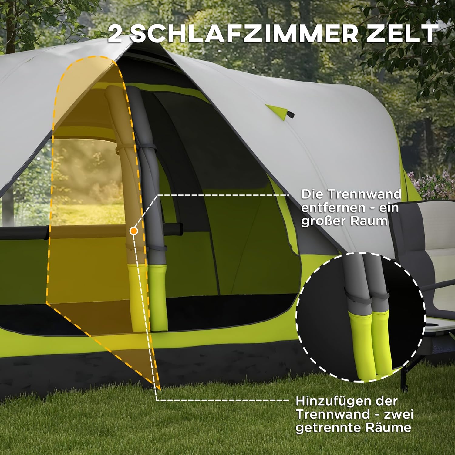 Outsunny Campingzelt, Tunnelzelt für 3 Personen, mit Lichthaken, Meshfenster, 2 Räumen Winddicht groß Familienzelt mit Tragetasche, 2000mm Wassersäule Gruppenzelt für Camping, Garten — Ansicht 4