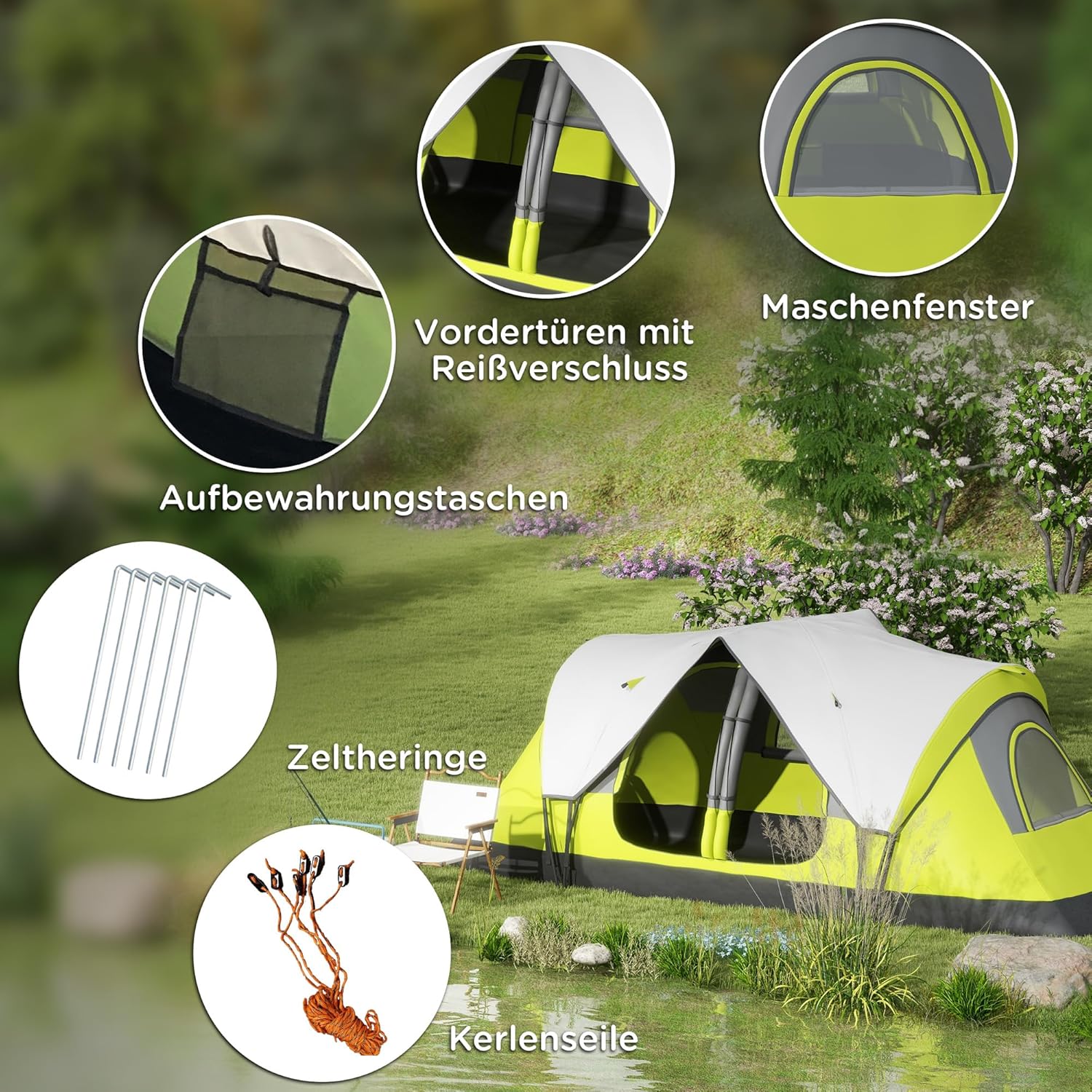 Outsunny Campingzelt, Tunnelzelt für 3 Personen, mit Lichthaken, Meshfenster, 2 Räumen Winddicht groß Familienzelt mit Tragetasche, 2000mm Wassersäule Gruppenzelt für Camping, Garten — Ansicht 5